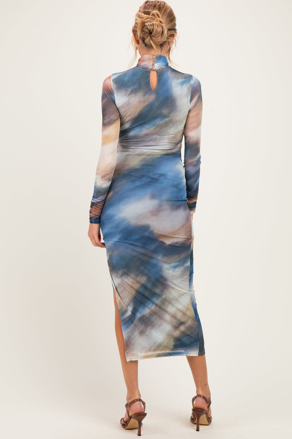 Multicolor Mesh Printed Mock Neck Long Sleeve Maternity Dress