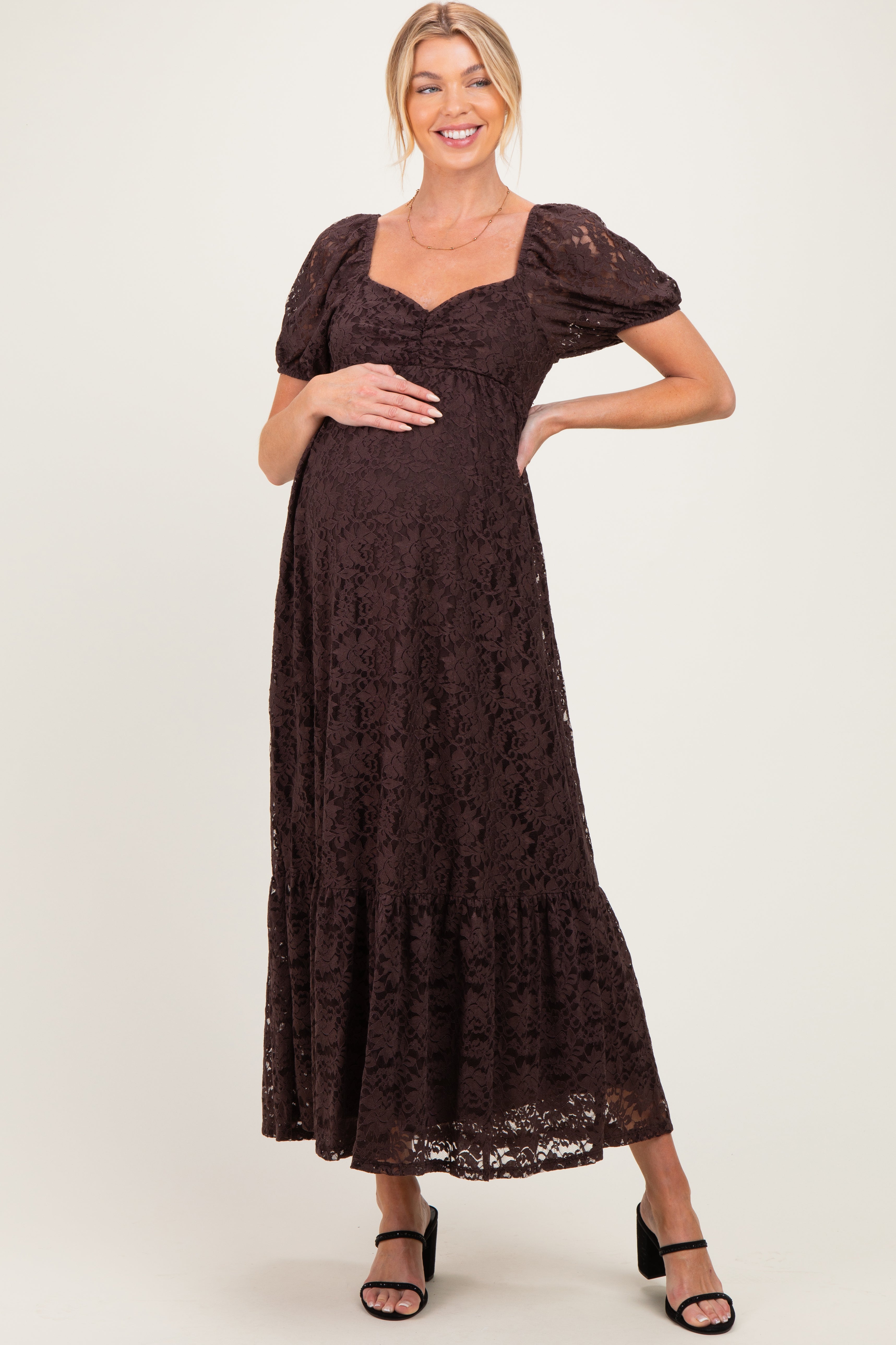 Brown Lace Maternity Maxi Dress