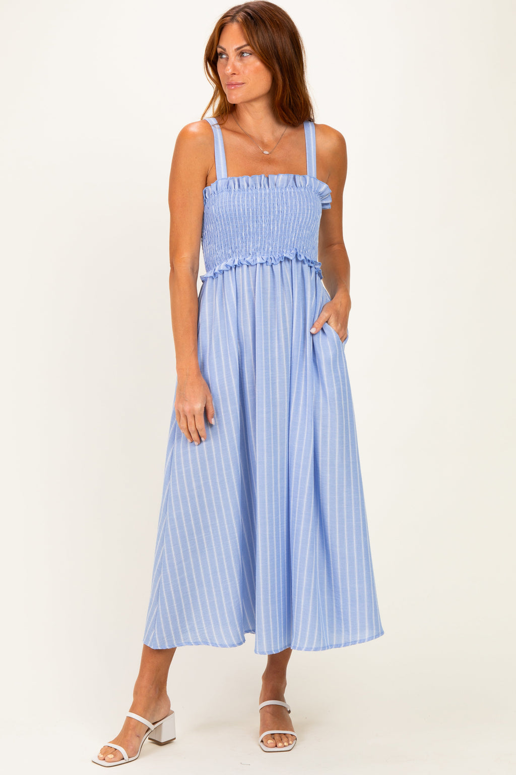 Blue Sleeveless Smocked Striped Maternity Maxi Dress
