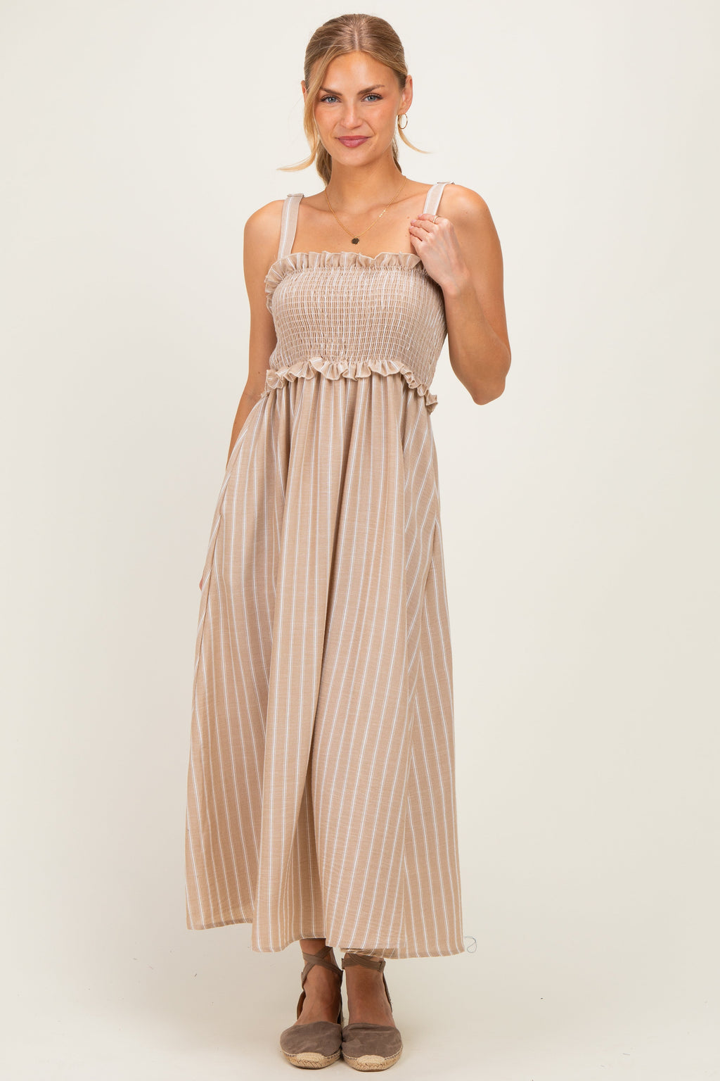 Taupe Sleeveless Smocked Striped Maternity Maxi Dress