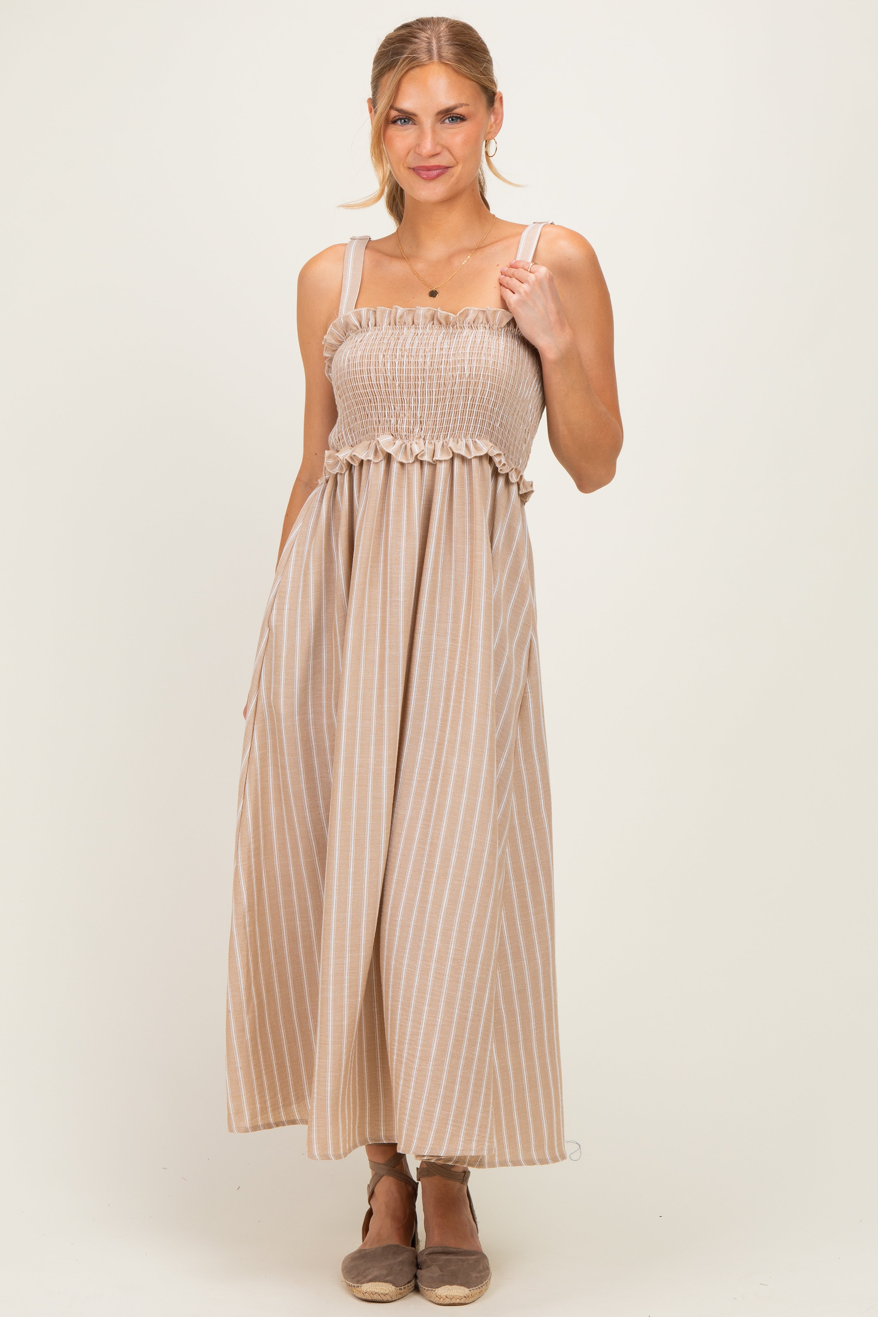 Taupe Sleeveless Smocked Striped Maternity Maxi Dress