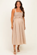 Taupe Sleeveless Smocked Striped Maternity Maxi Dress