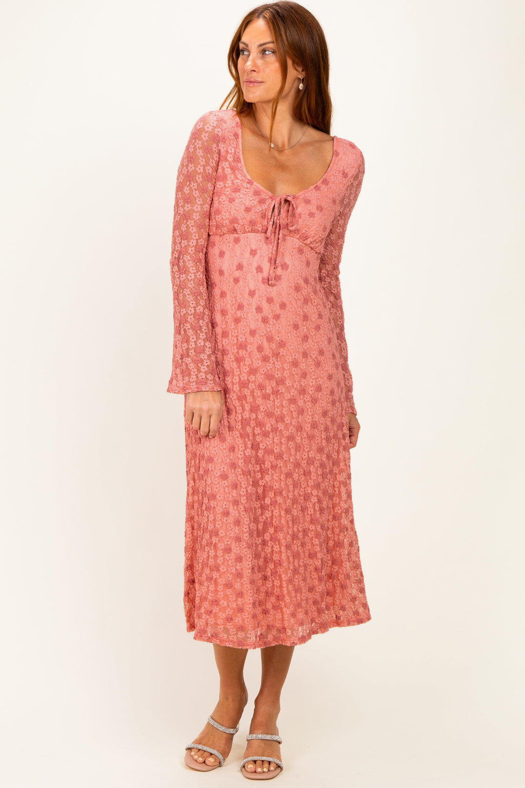 Pink Floral Lace Long Bell Sleeve Maternity Midi Dress