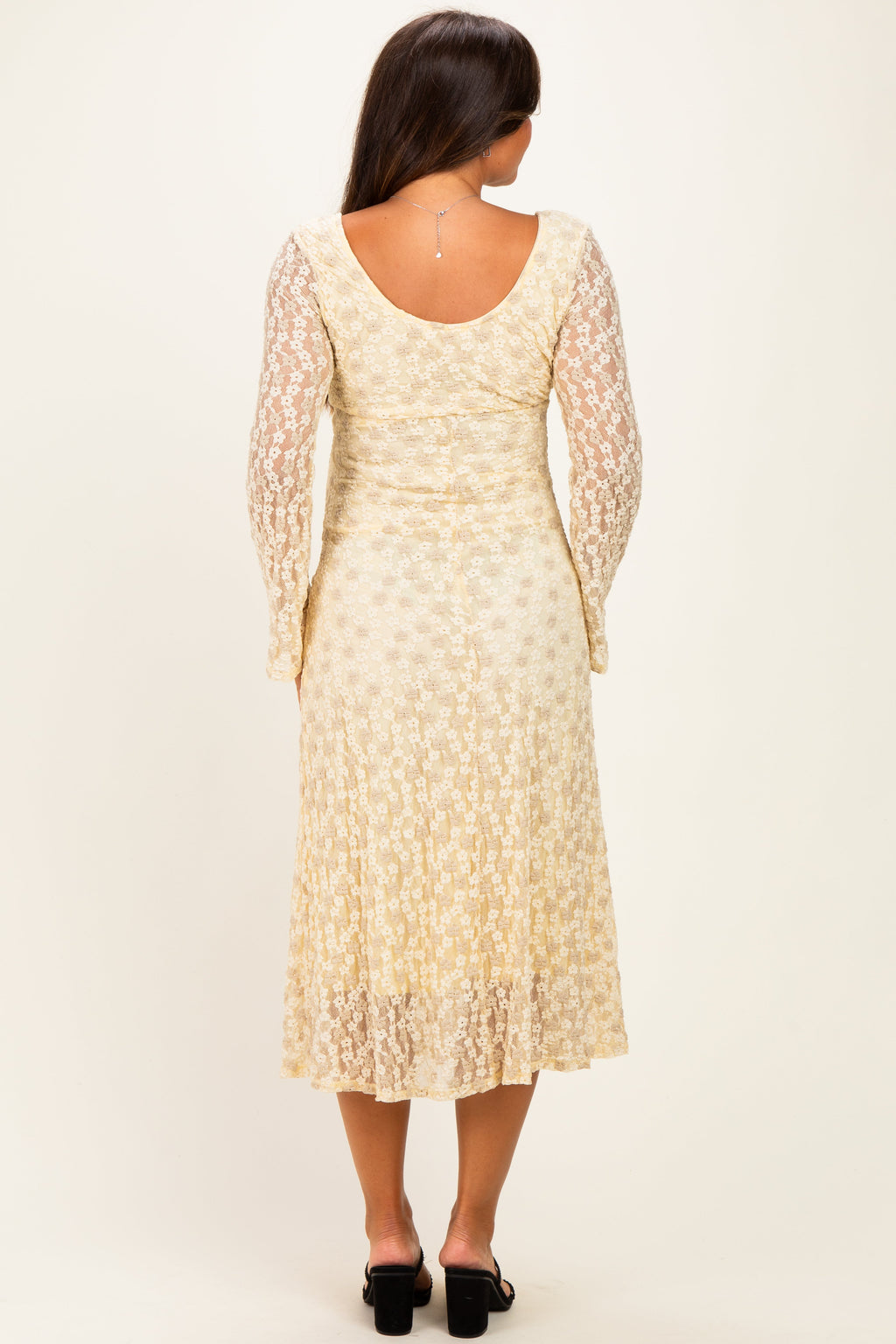 Cream Floral Lace Long Bell Sleeve Maternity Midi Dress