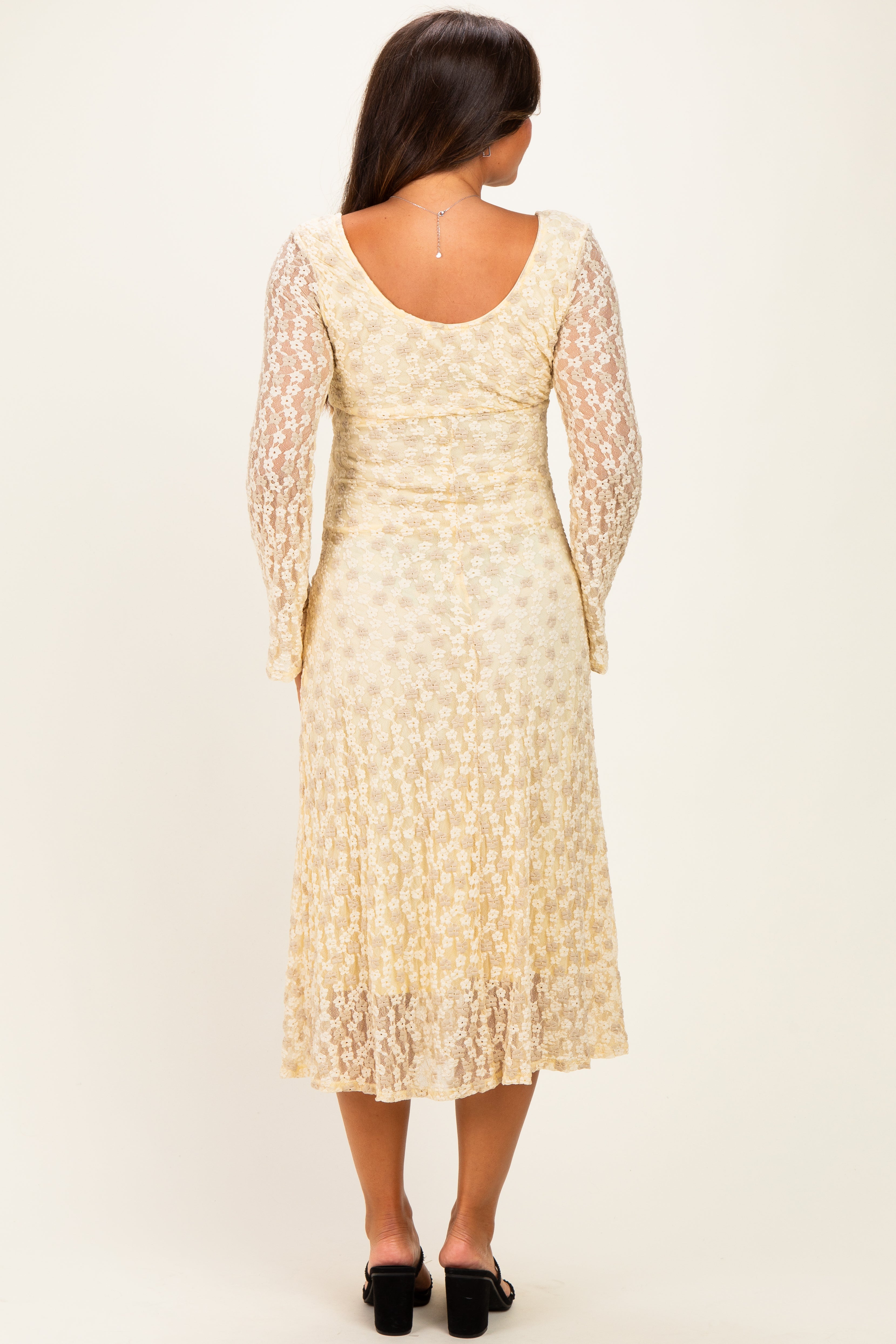 Cream Floral Lace Long Bell Sleeve Maternity Midi Dress
