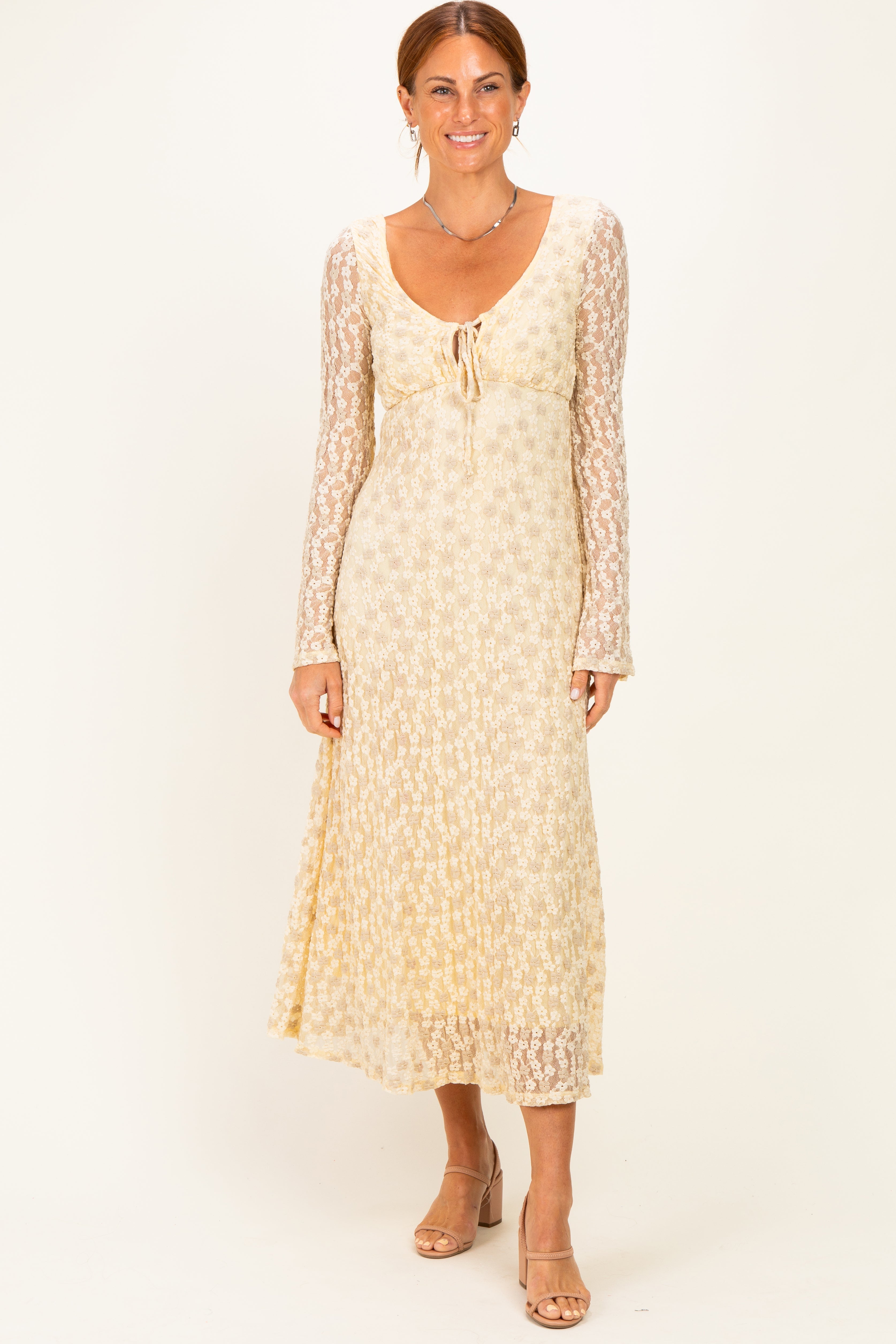 Cream Floral Lace Long Bell Sleeve Maternity Midi Dress