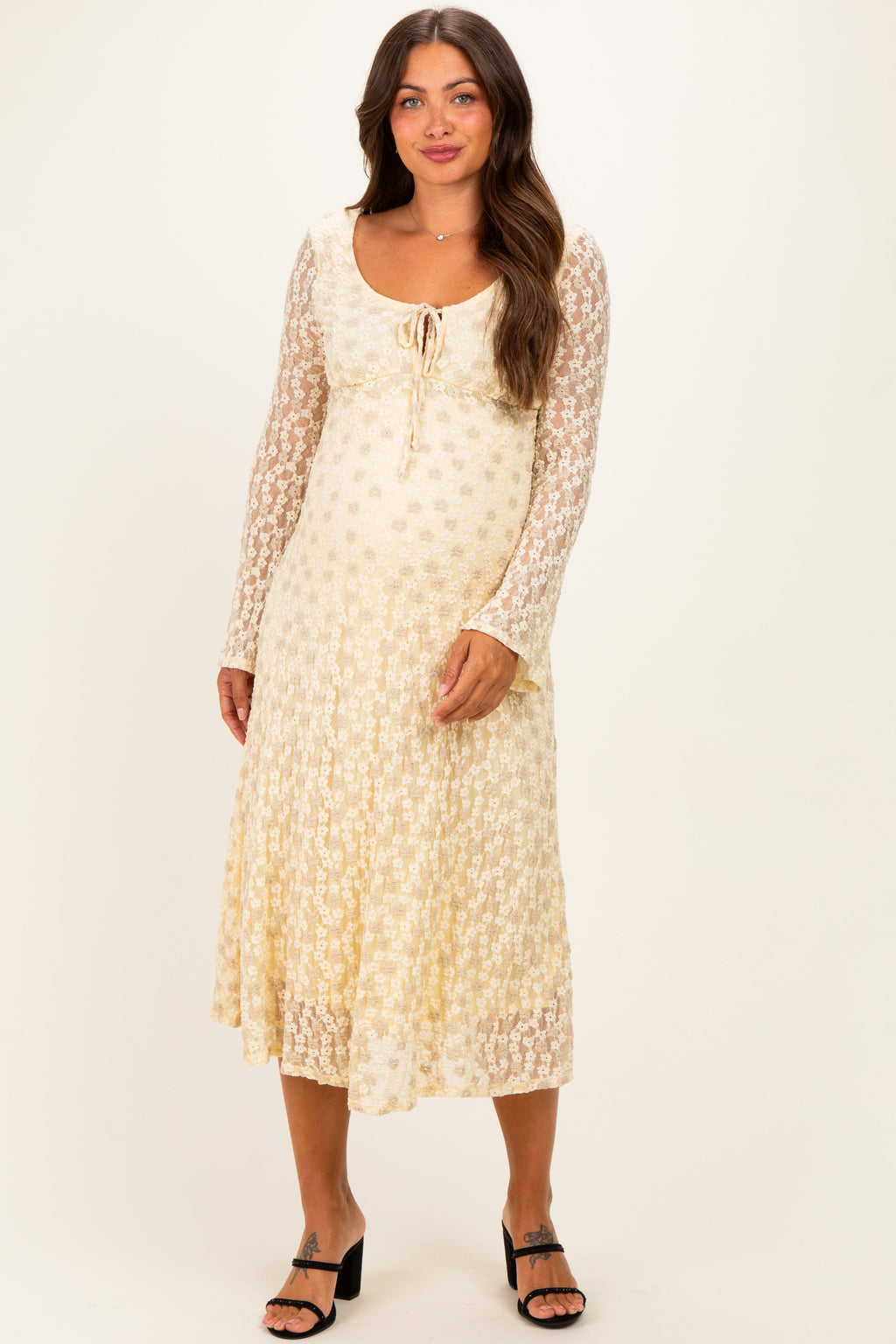 Cream Floral Lace Long Bell Sleeve Maternity Midi Dress