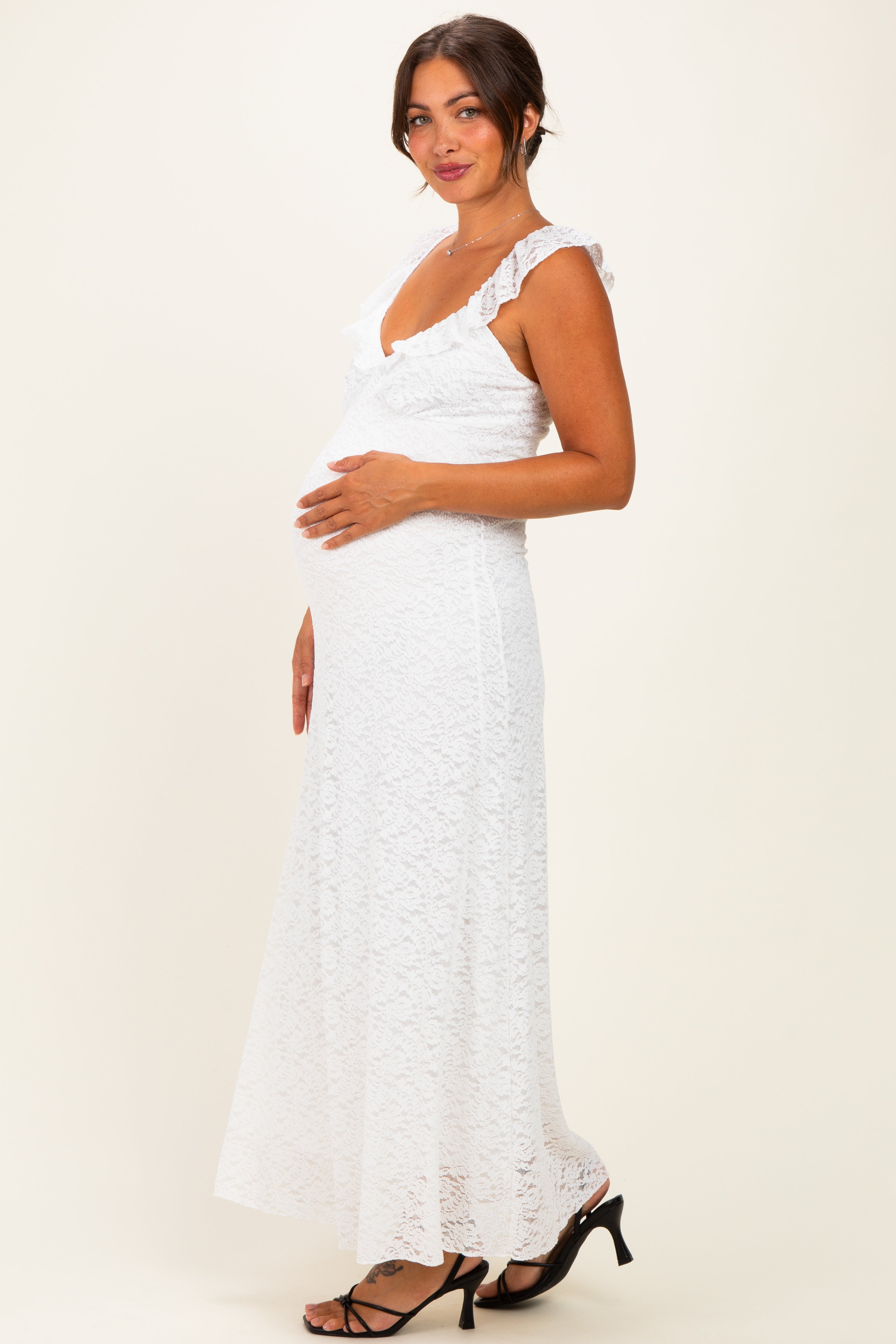 Ivory Textured Short Sleeve Sweetheart Maternity Maxi Dress