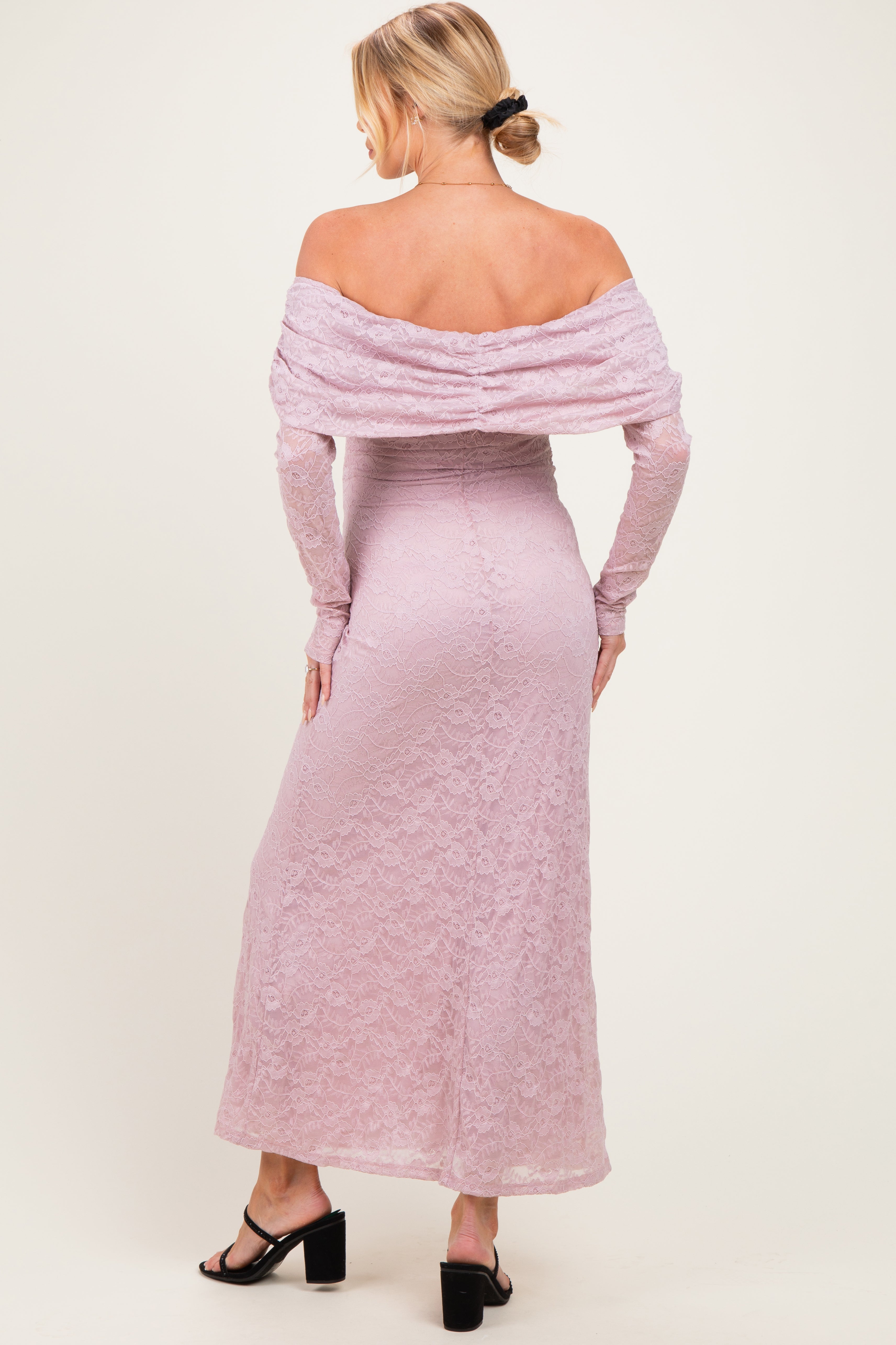 Light Pink Lace Off Shoulder Long Sleeve Maternity Maxi Dress