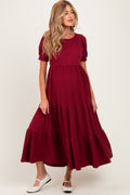 Burgundy Solid Short Sleeve Tiered Maternity Maxi Dress