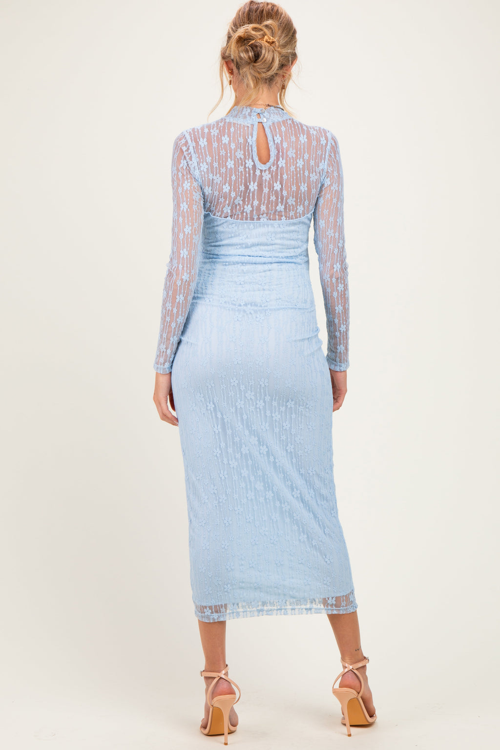 Light Blue Lace Mock Neck Long Sleeve Maternity Maxi Dress