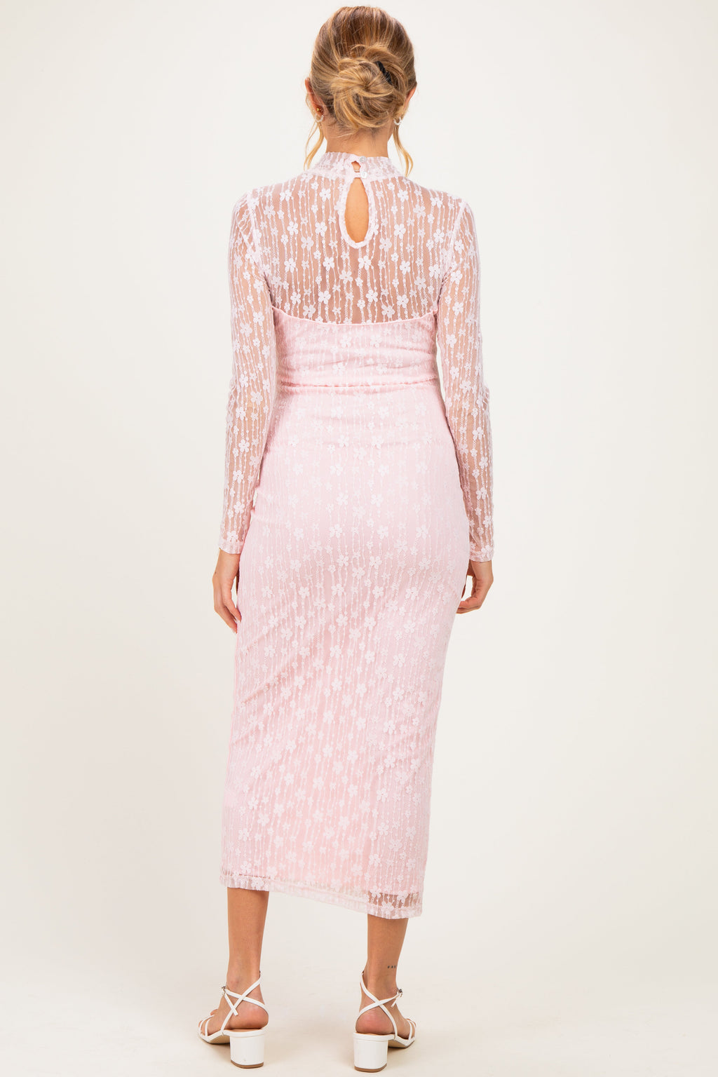 Light Pink Lace Mock Neck Long Sleeve Maternity Maxi Dress