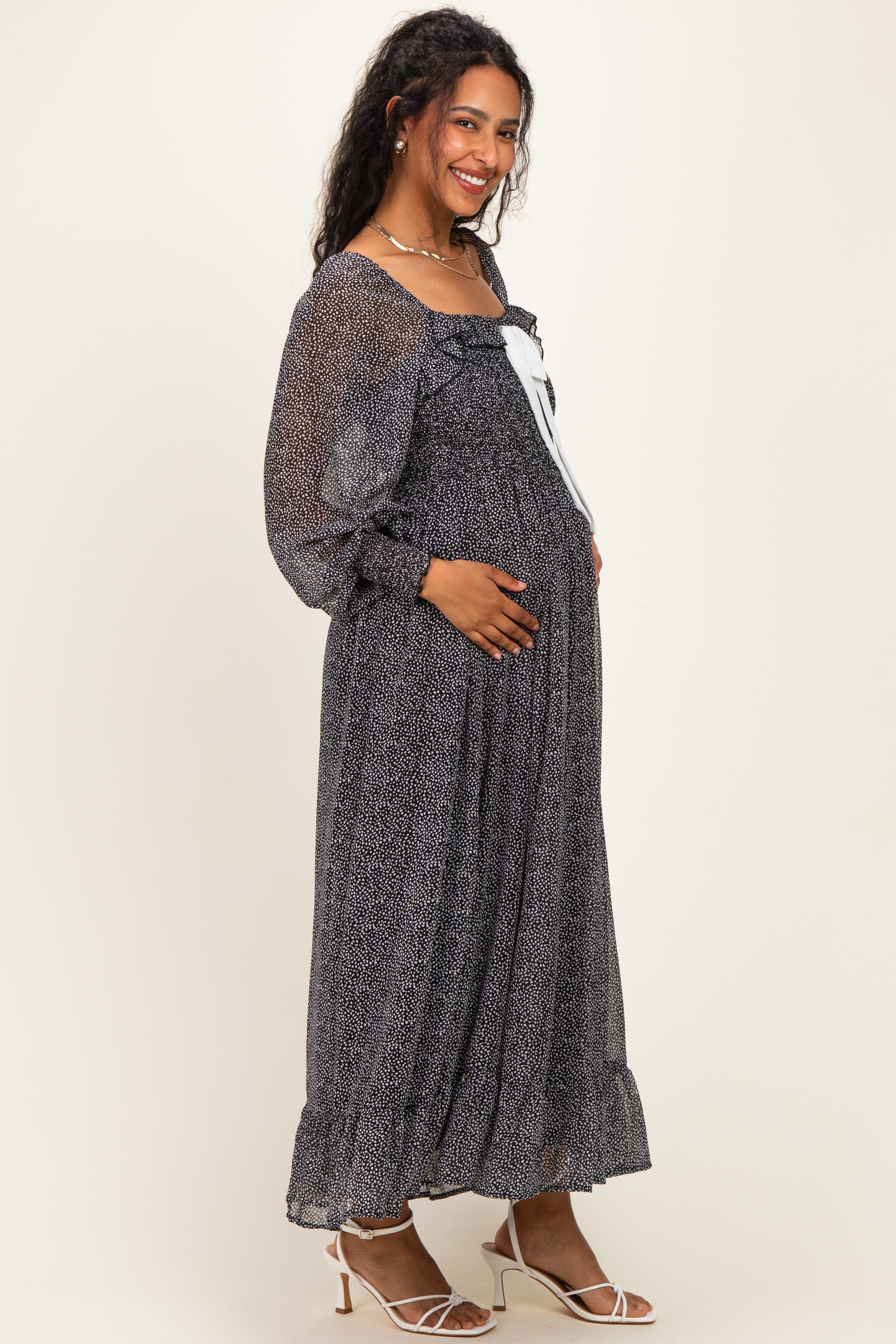 Black Dot Smocked Ribbon Tie Ruffle Maternity Maxi Dress