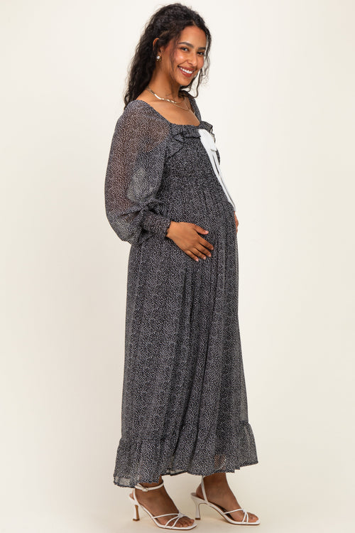 Black Dot Smocked Ribbon Tie Ruffle Maternity Maxi Dress