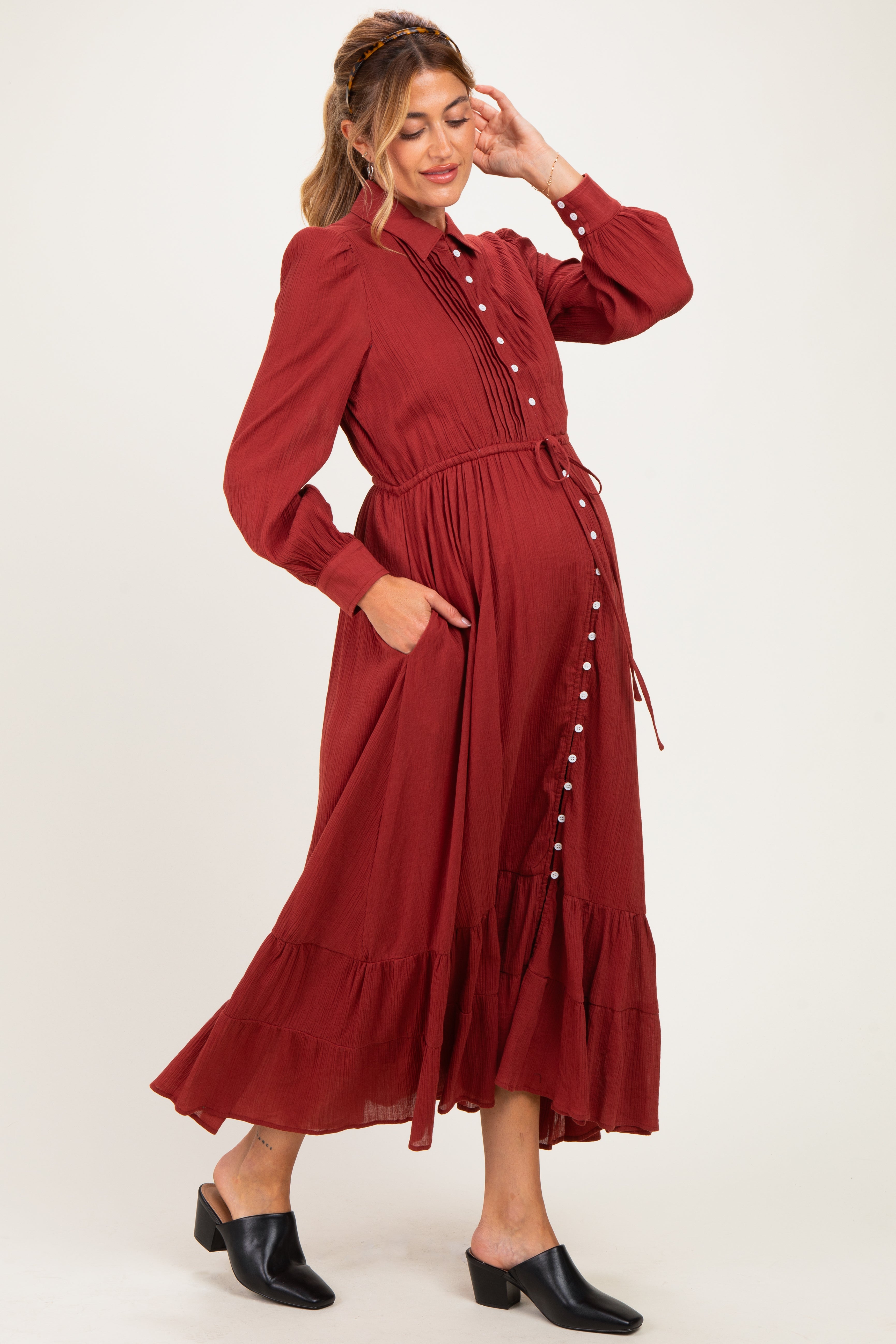 Terracotta Pleated Front Button Down Maternity Maxi Dress