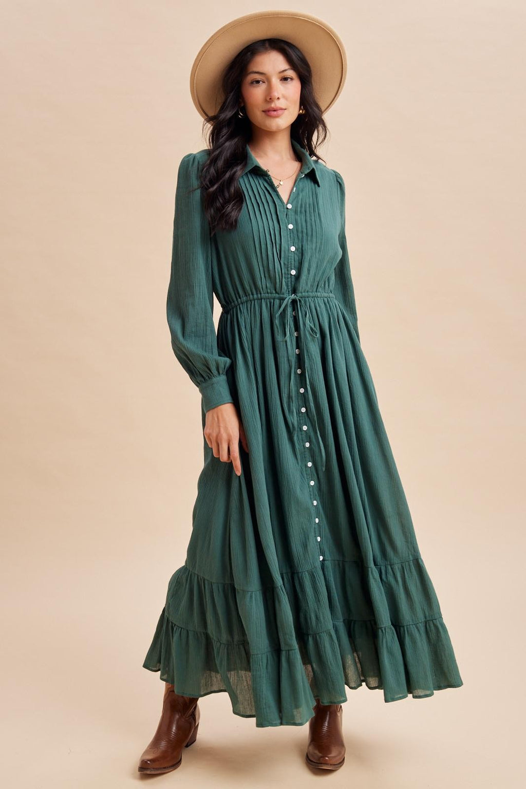 Emerald Teal Pleated Front Button Down Maternity Maxi Dress