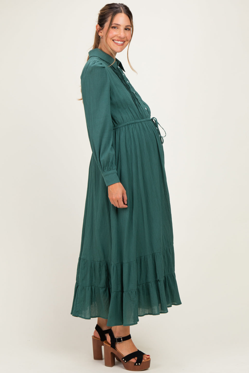 Emerald Teal Pleated Front Button Down Maternity Maxi Dress