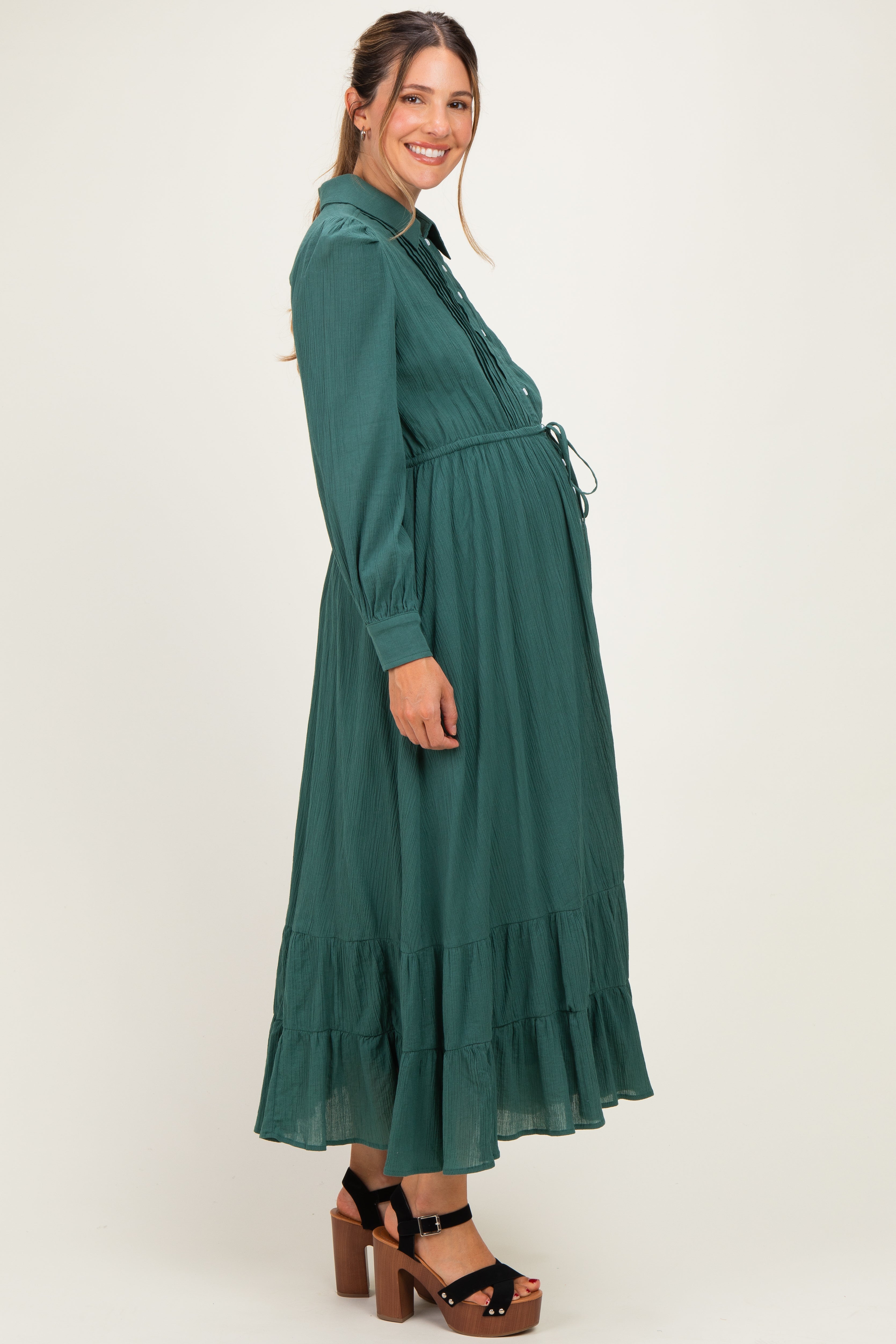 Emerald Teal Pleated Front Button Down Maternity Maxi Dress