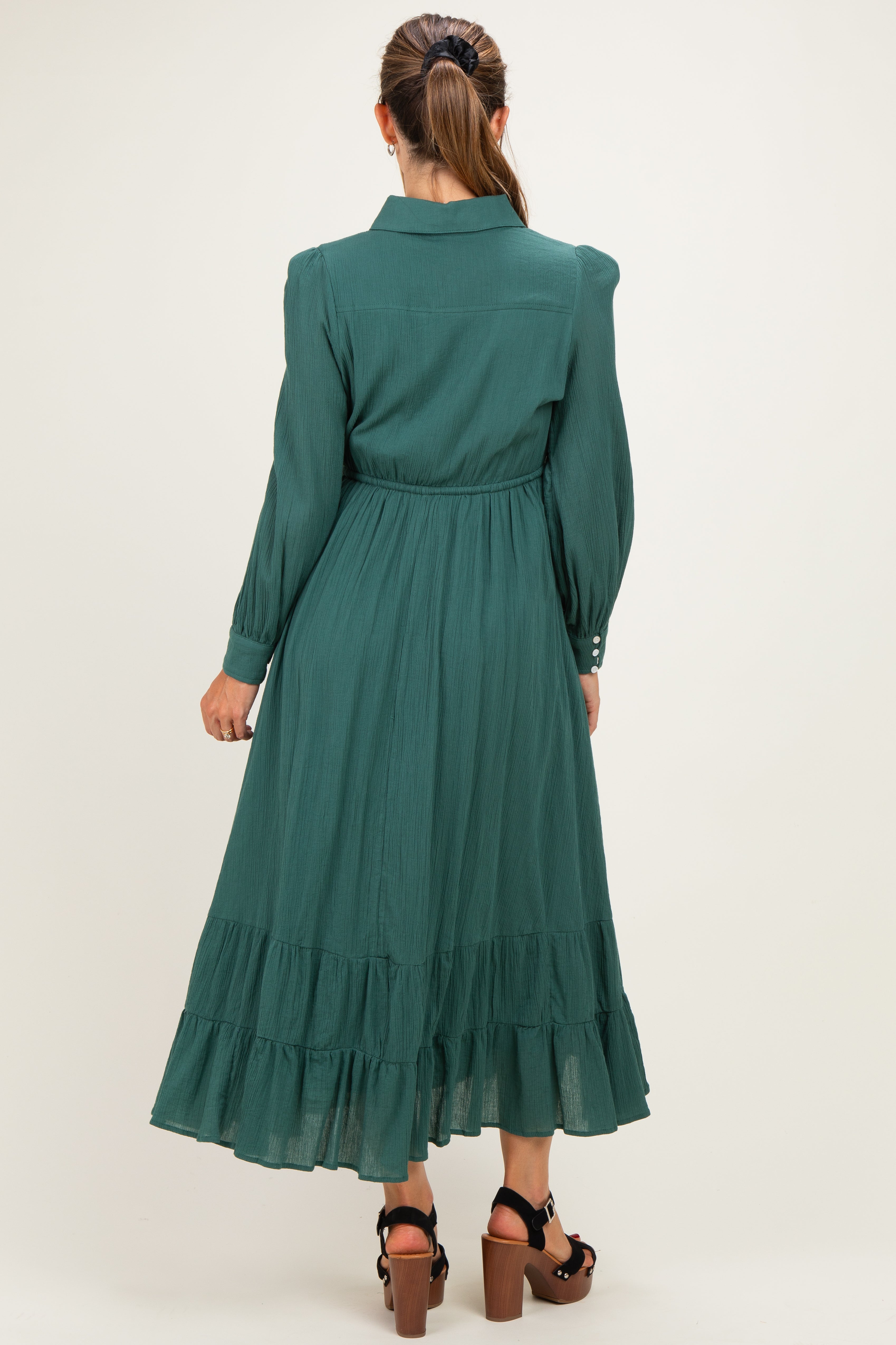 Emerald Teal Pleated Front Button Down Maternity Maxi Dress