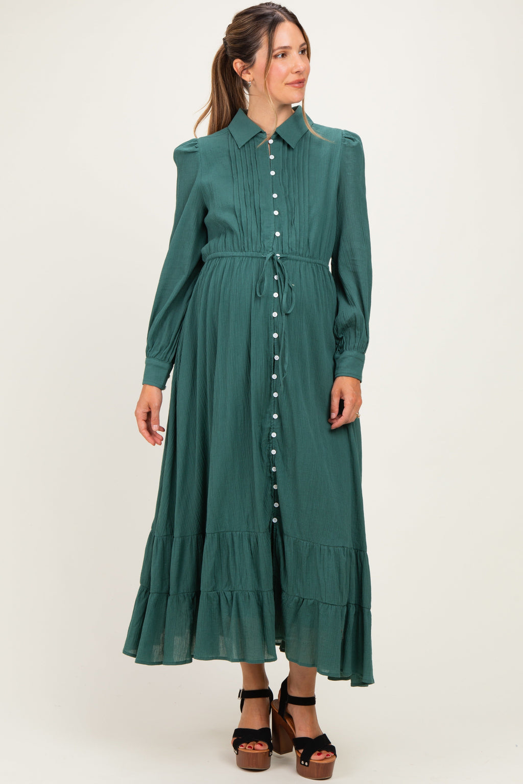 Emerald Teal Pleated Front Button Down Maternity Maxi Dress
