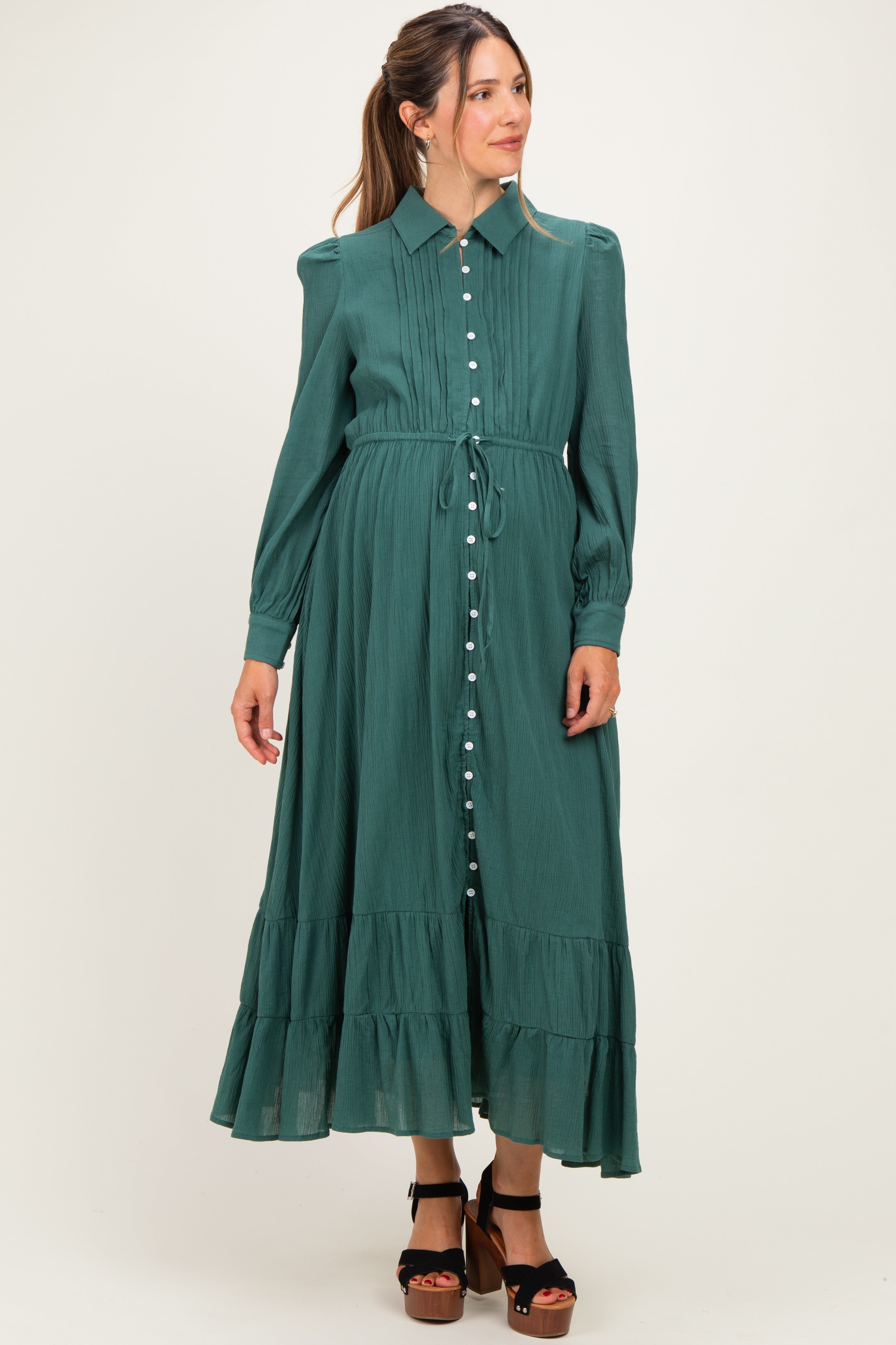 Emerald Teal Pleated Front Button Down Maternity Maxi Dress