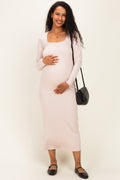 Beige Scoop Neck Long Sleeve Maternity Midi Dress