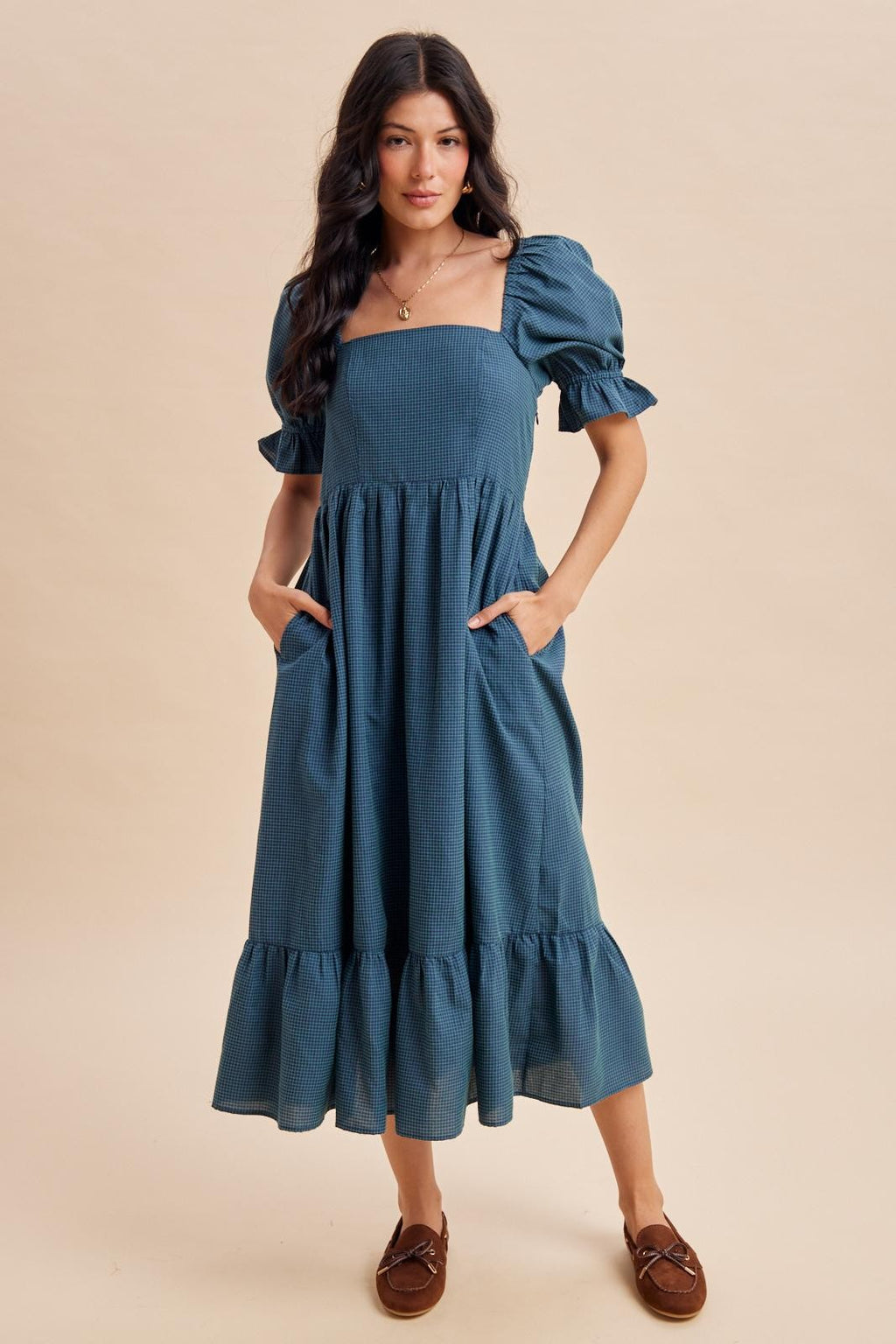 Deep Teal Gingham Square Neck Maternity Midi Dress