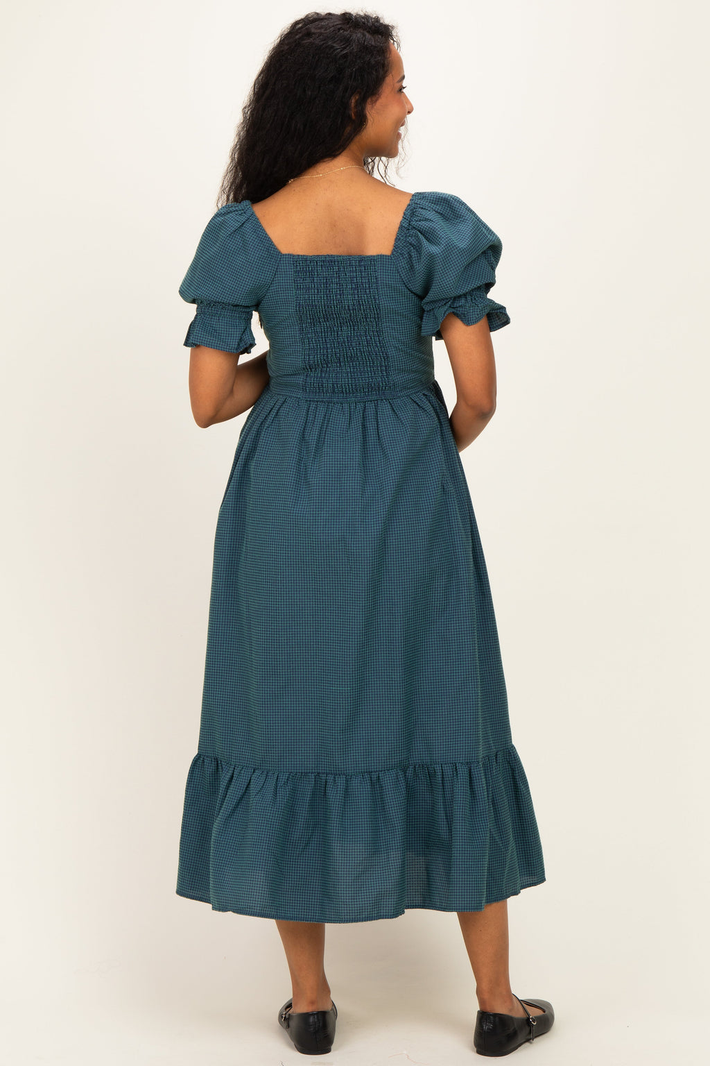 Deep Teal Gingham Square Neck Maternity Midi Dress