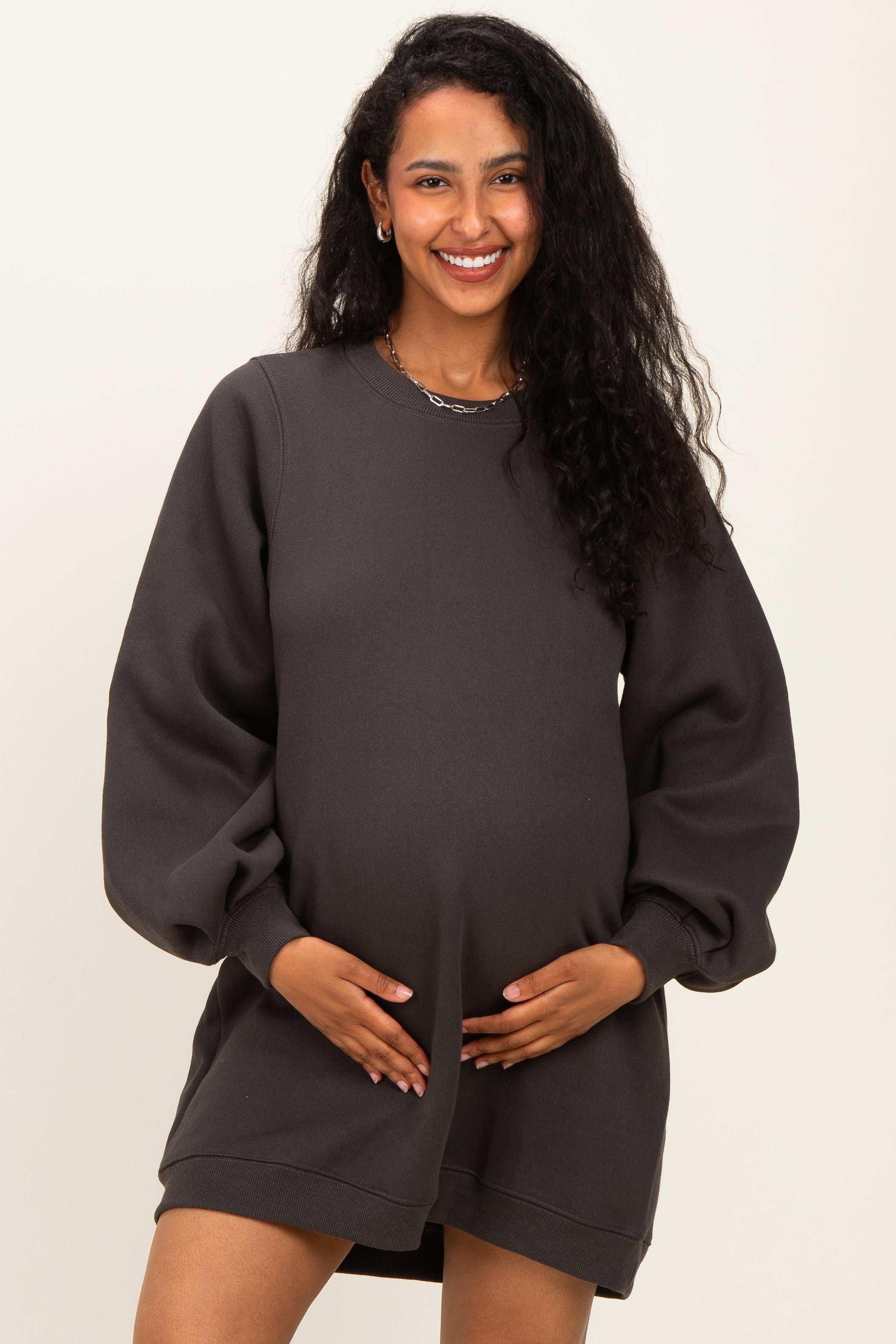 Ash Oversized Bubble Sleeve Maternity Sweatshirt Dress