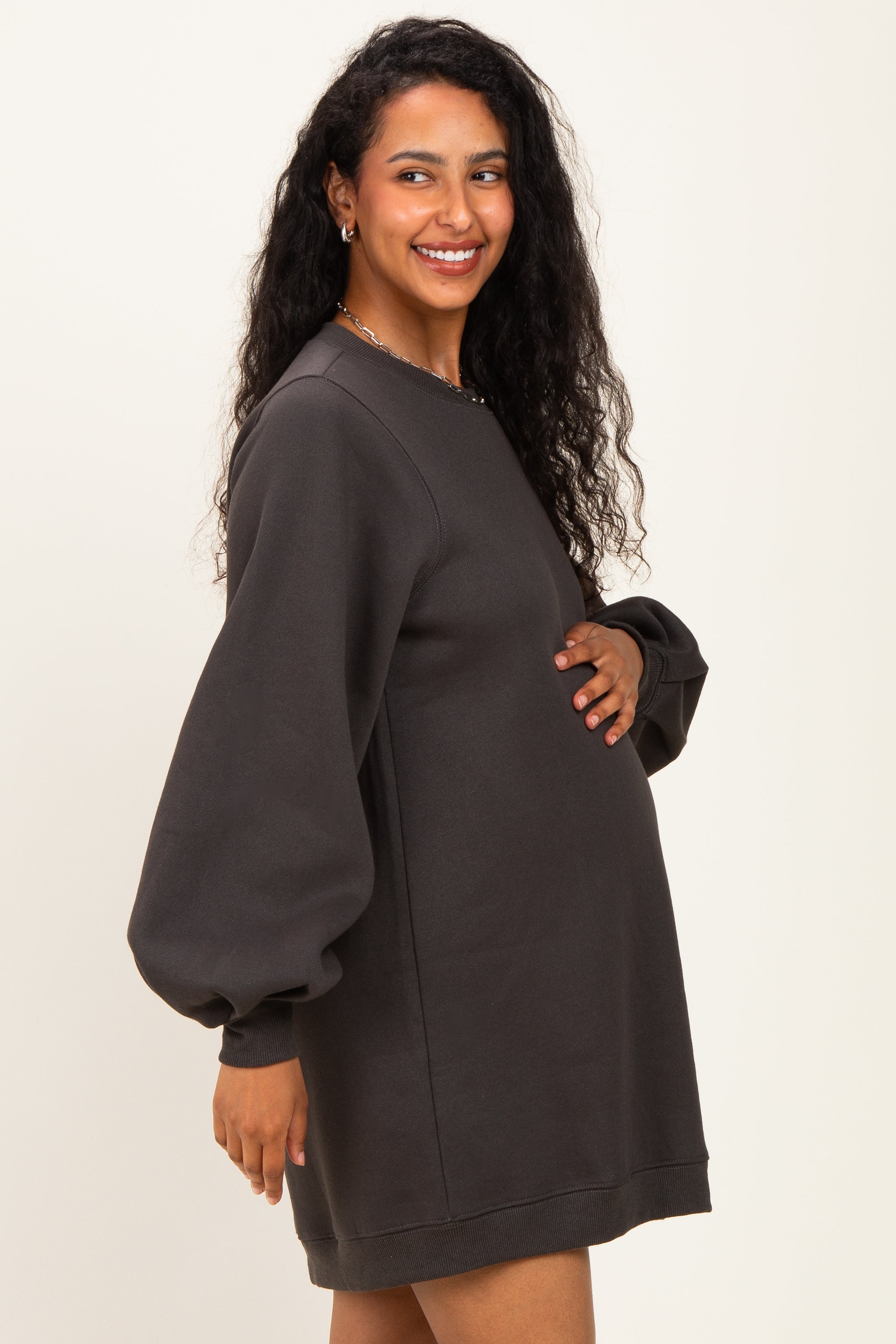 Ash Oversized Bubble Sleeve Maternity Sweatshirt Dress