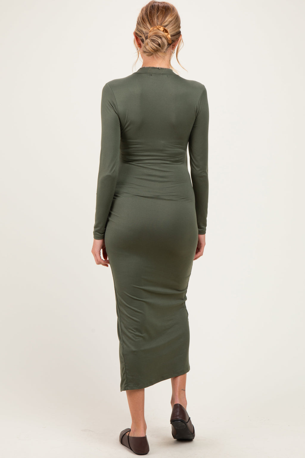Olive Mock Neck Front Slit Long Sleeve Maternity Maxi Dress