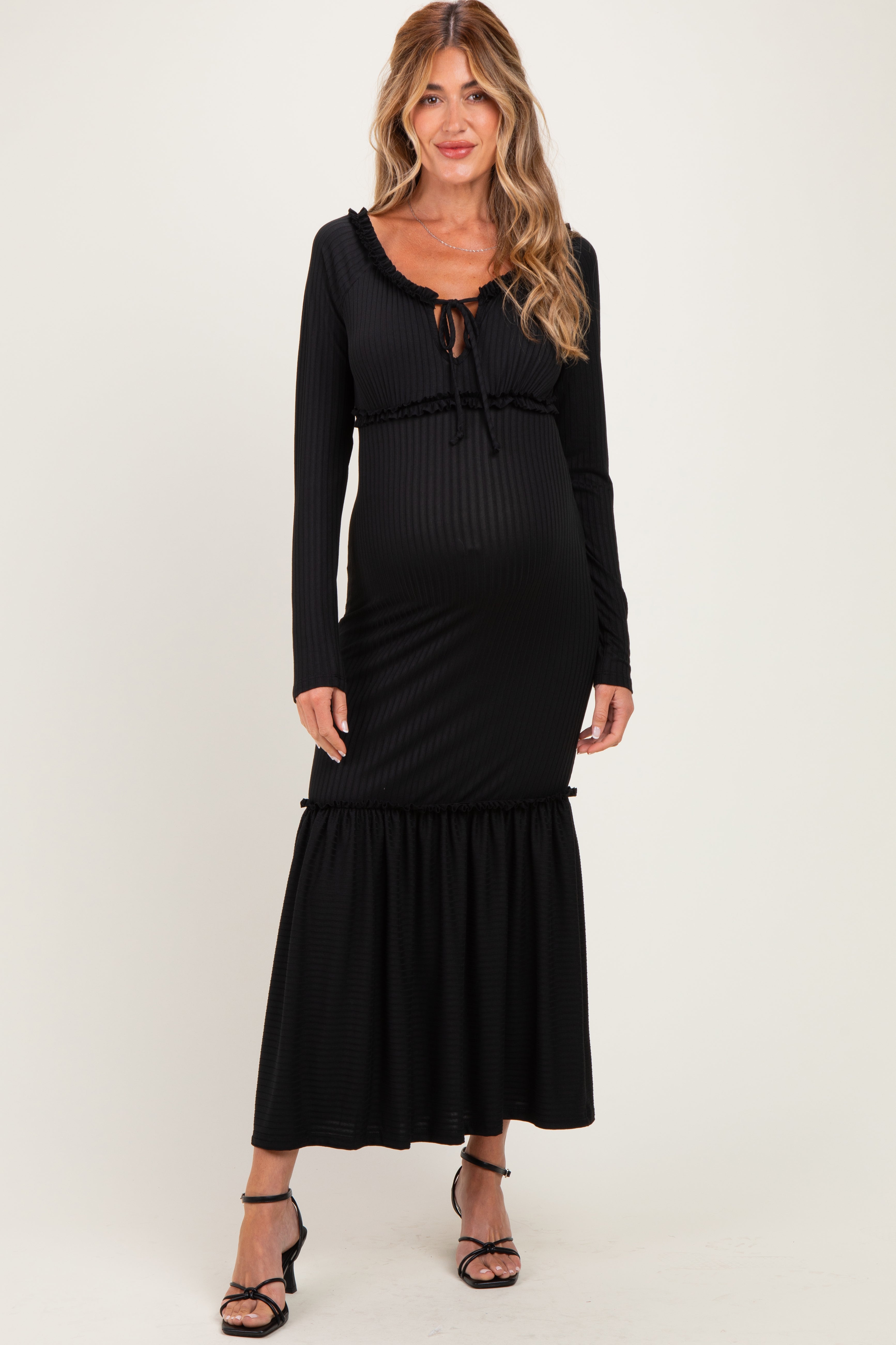 Black Ribbed Long Sleeve Ruffle Trim Off Shoulder Maternity Maxi Dress