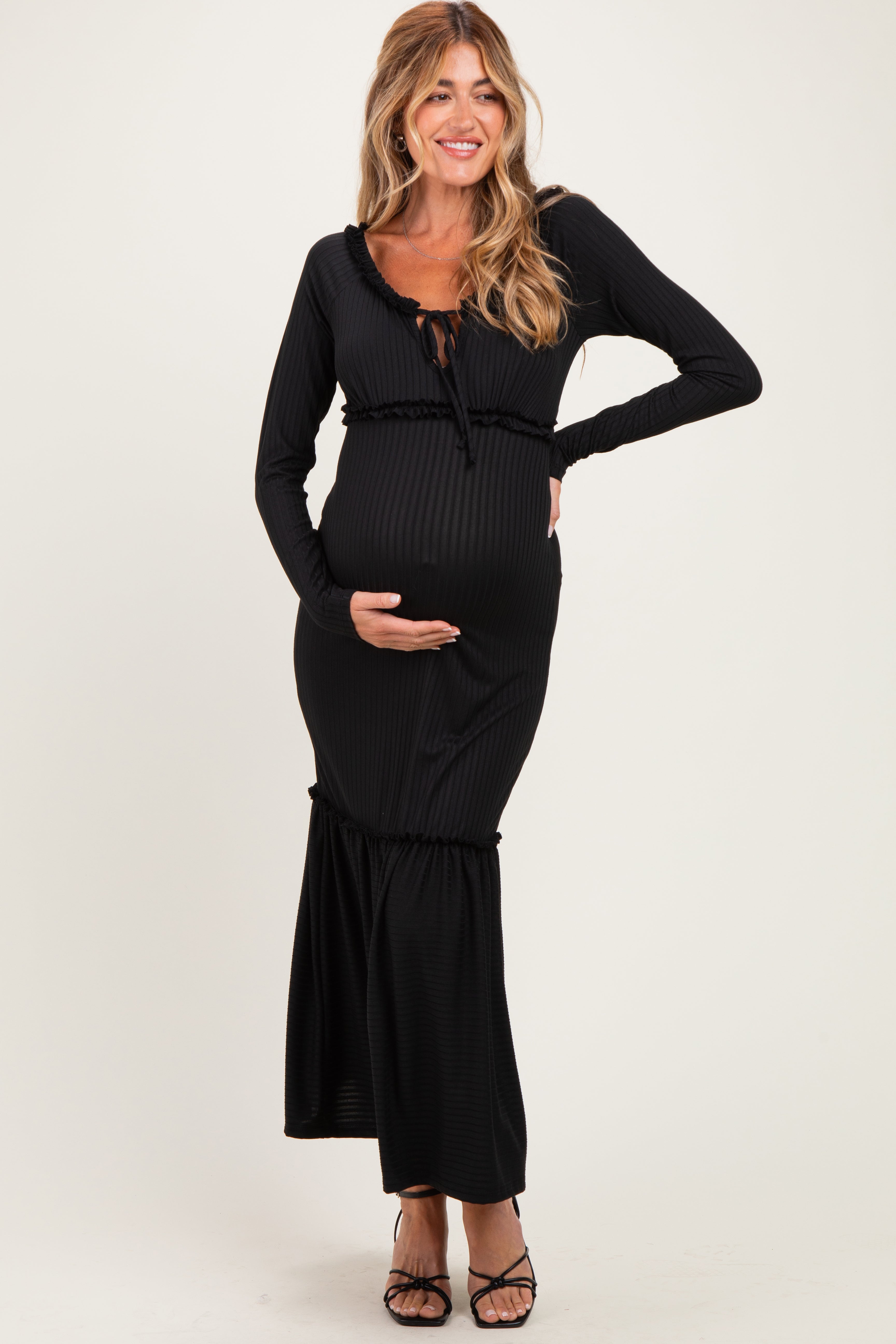 Black Ribbed Long Sleeve Ruffle Trim Off Shoulder Maternity Maxi Dress