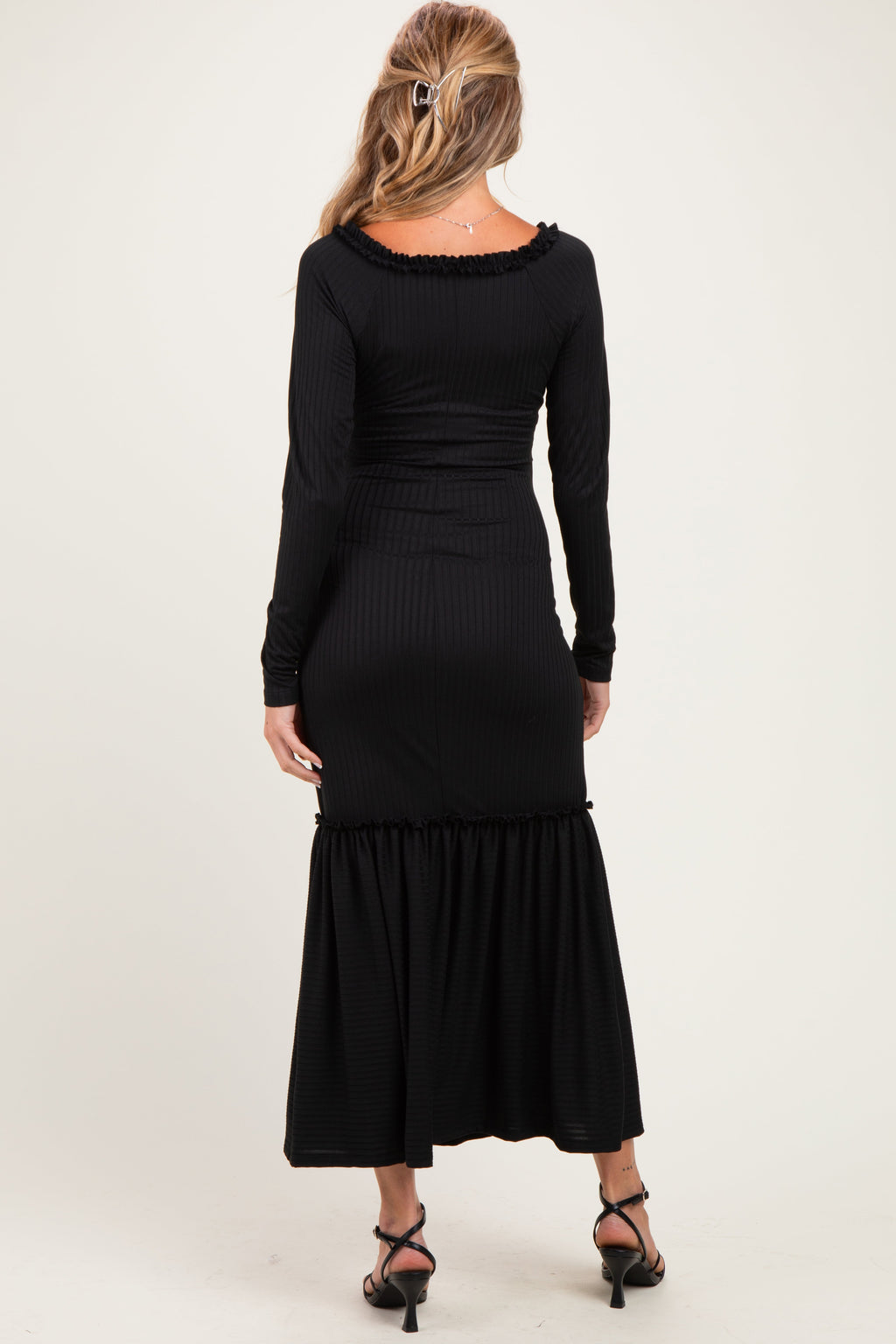 Black Ribbed Long Sleeve Ruffle Trim Off Shoulder Maternity Maxi Dress