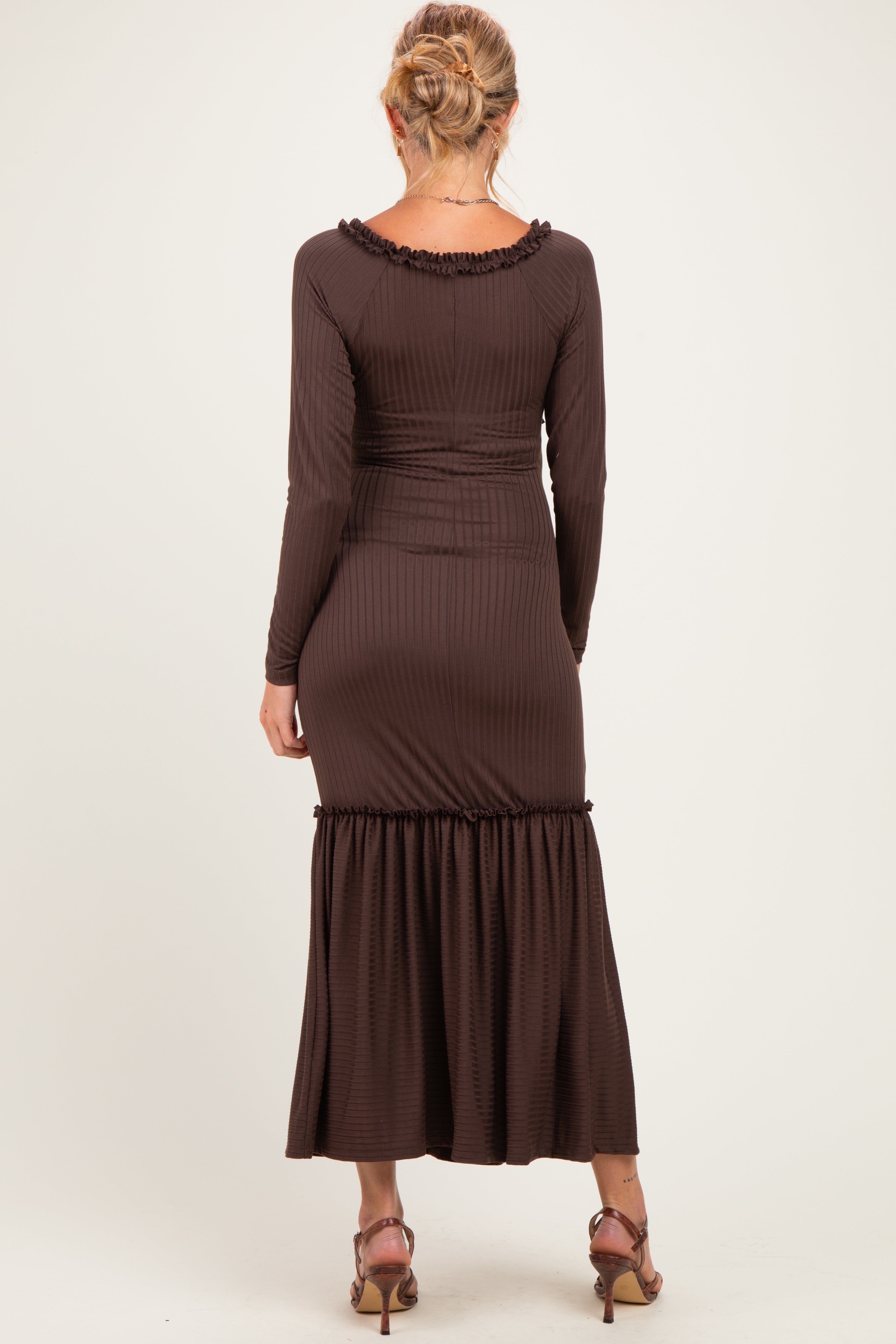 Brown Ribbed Long Sleeve Ruffle Trim Off Shoulder Maternity Maxi Dress