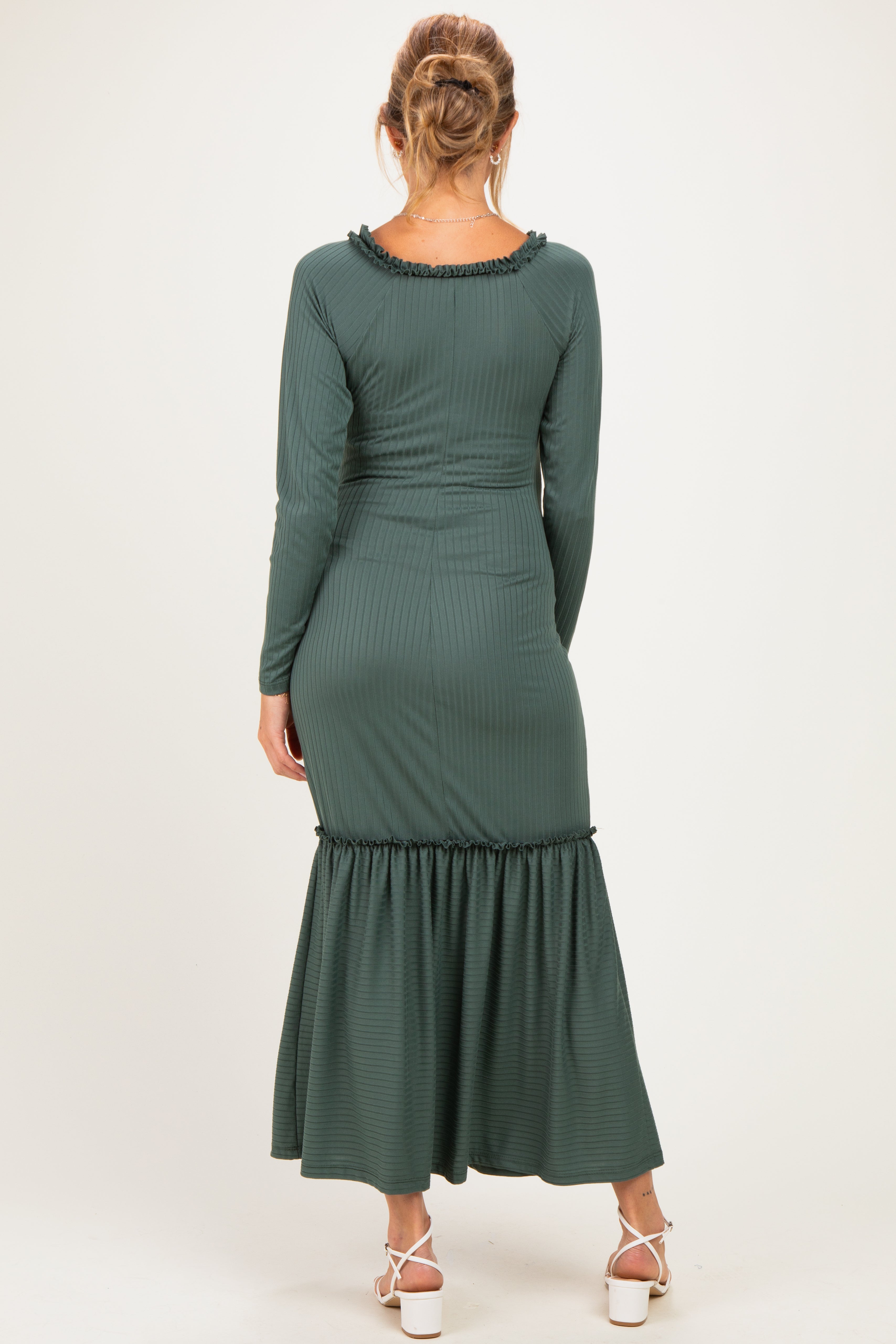 Olive Ribbed Long Sleeve Ruffle Trim Off Shoulder Maternity Maxi Dress