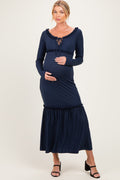 Navy Ribbed Long Sleeve Ruffle Trim Off Shoulder Maternity Maxi Dress
