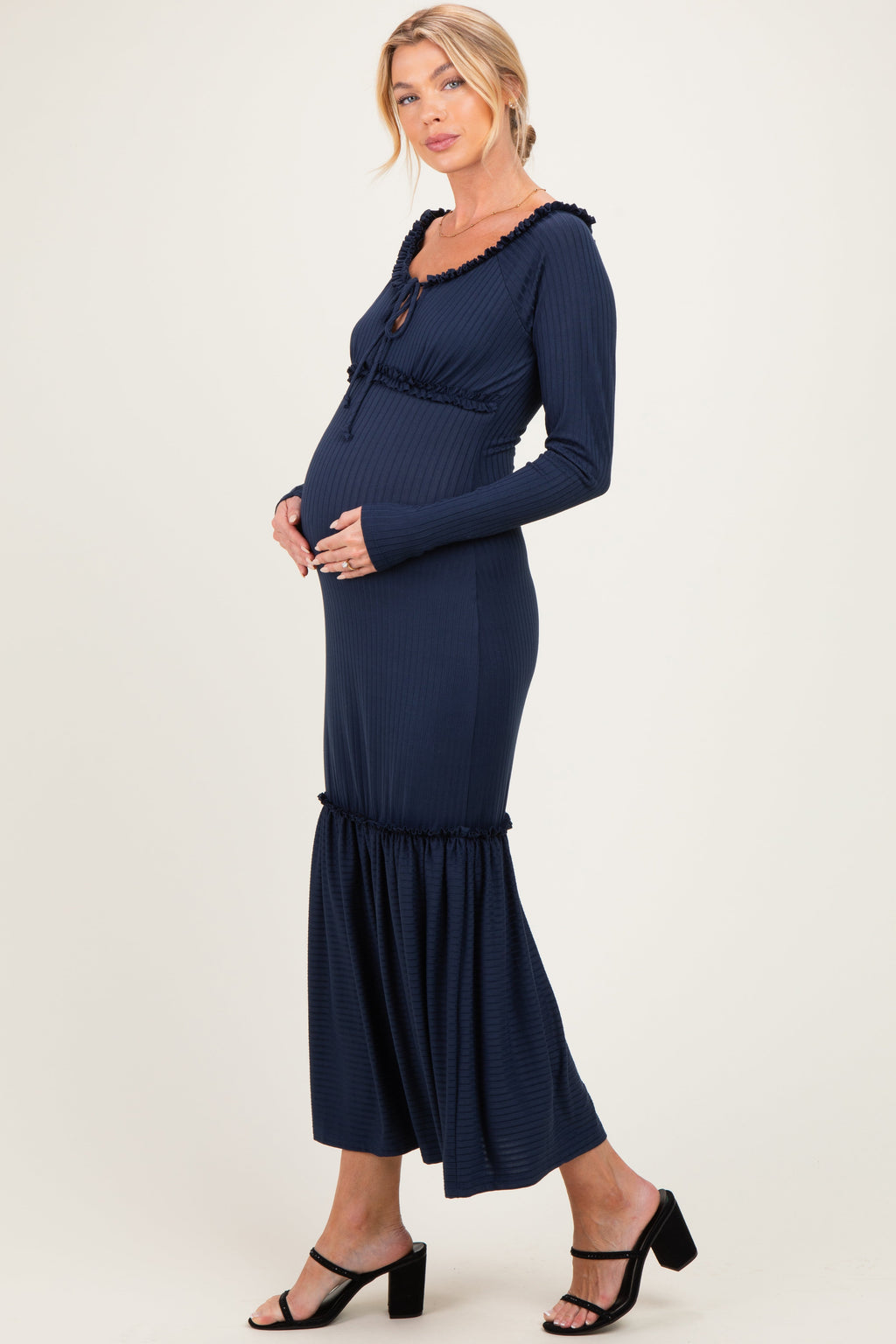 Navy Ribbed Long Sleeve Ruffle Trim Off Shoulder Maternity Maxi Dress