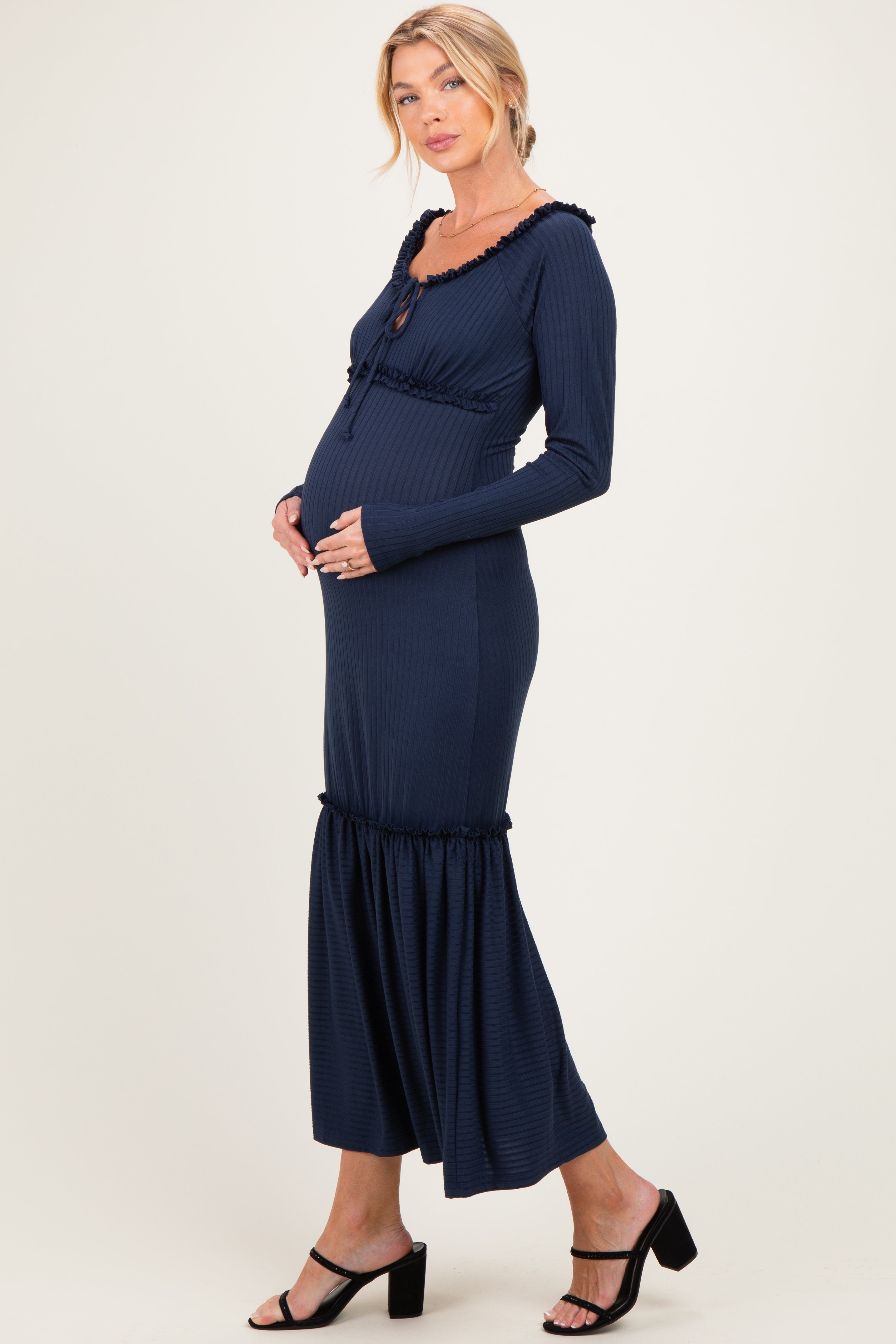 Navy Ribbed Long Sleeve Ruffle Trim Off Shoulder Maternity Maxi Dress