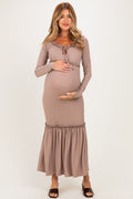Beige Ribbed Long Sleeve Ruffle Trim Off Shoulder Maternity Maxi Dress