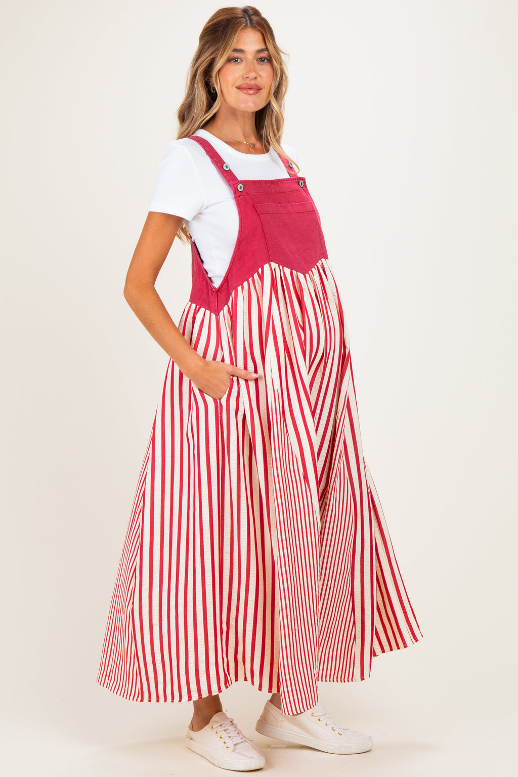 Crimson Striped Colorblock Denim Contrast Maternity Maxi Dress
