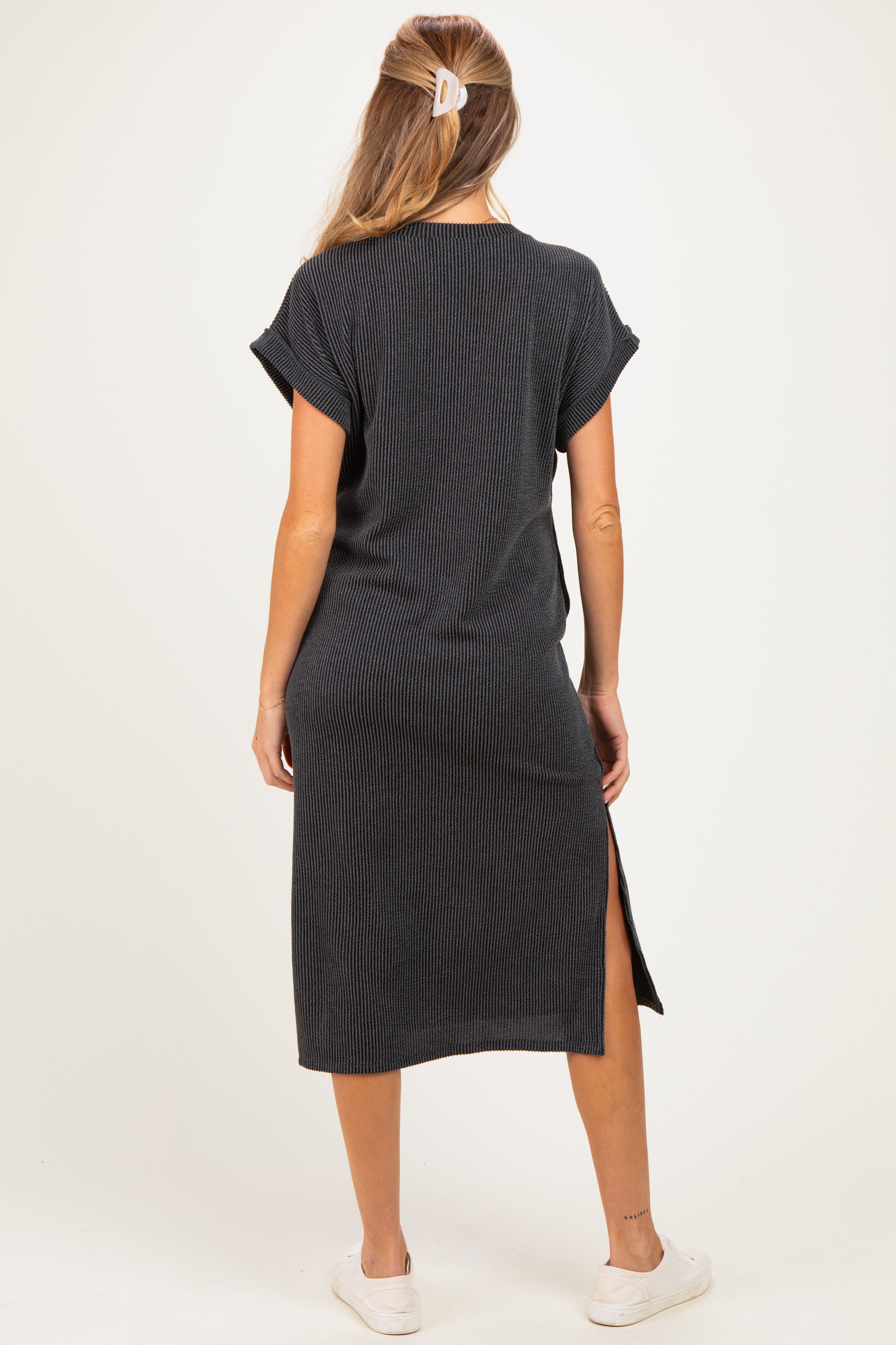 Charcoal Short Sleeve Ribbed Maternity Maxi Dress