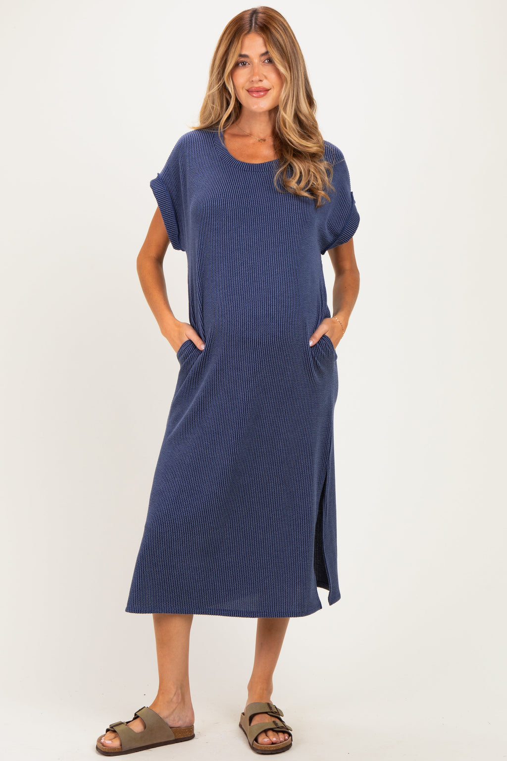 Navy Short Sleeve Ribbed Maternity Maxi Dress