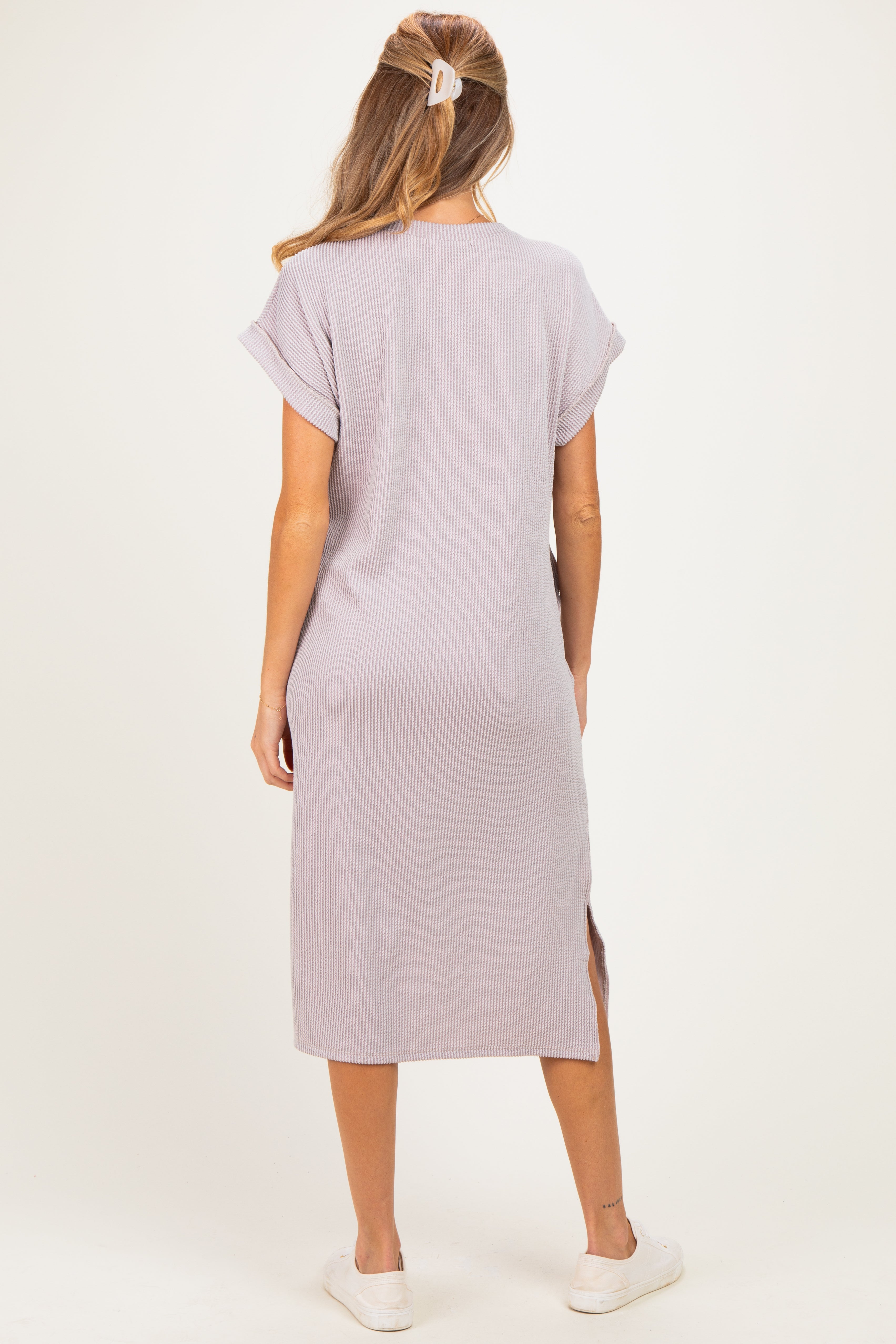 Beige Short Sleeve Ribbed Maternity Maxi Dress