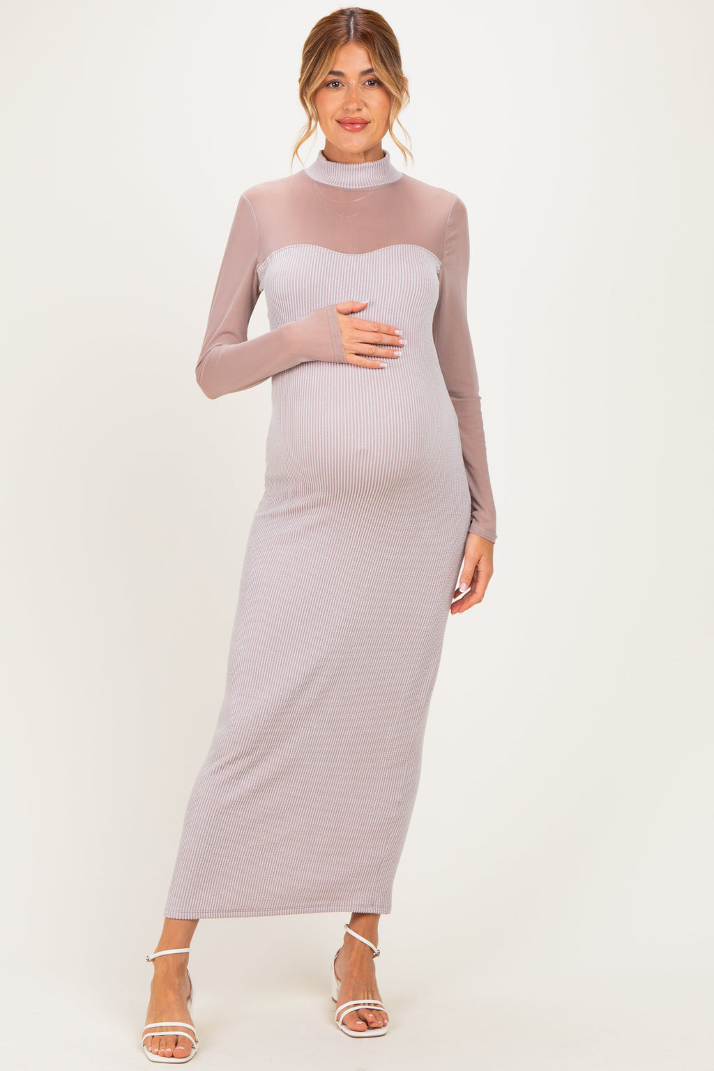 Beige Ribbed Knit Mock Neck Long Sleeve Maternity Maxi Dress