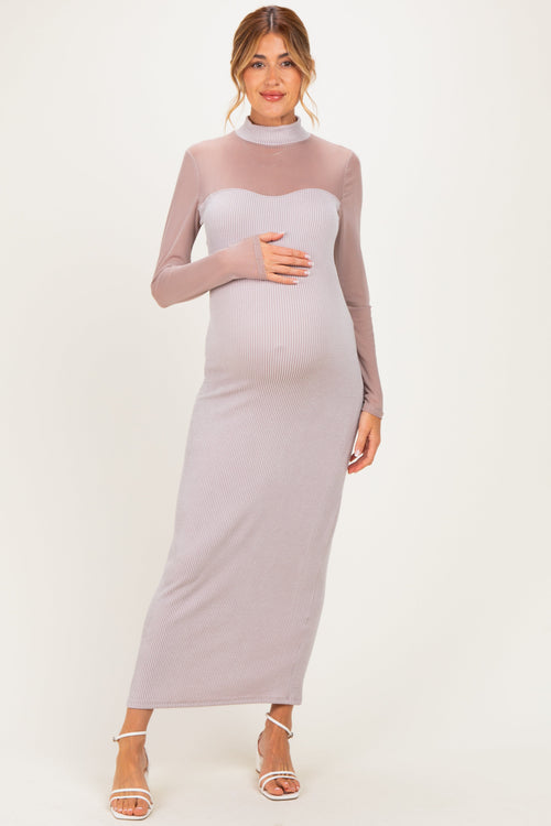 Beige Ribbed Knit Mock Neck Long Sleeve Maternity Maxi Dress