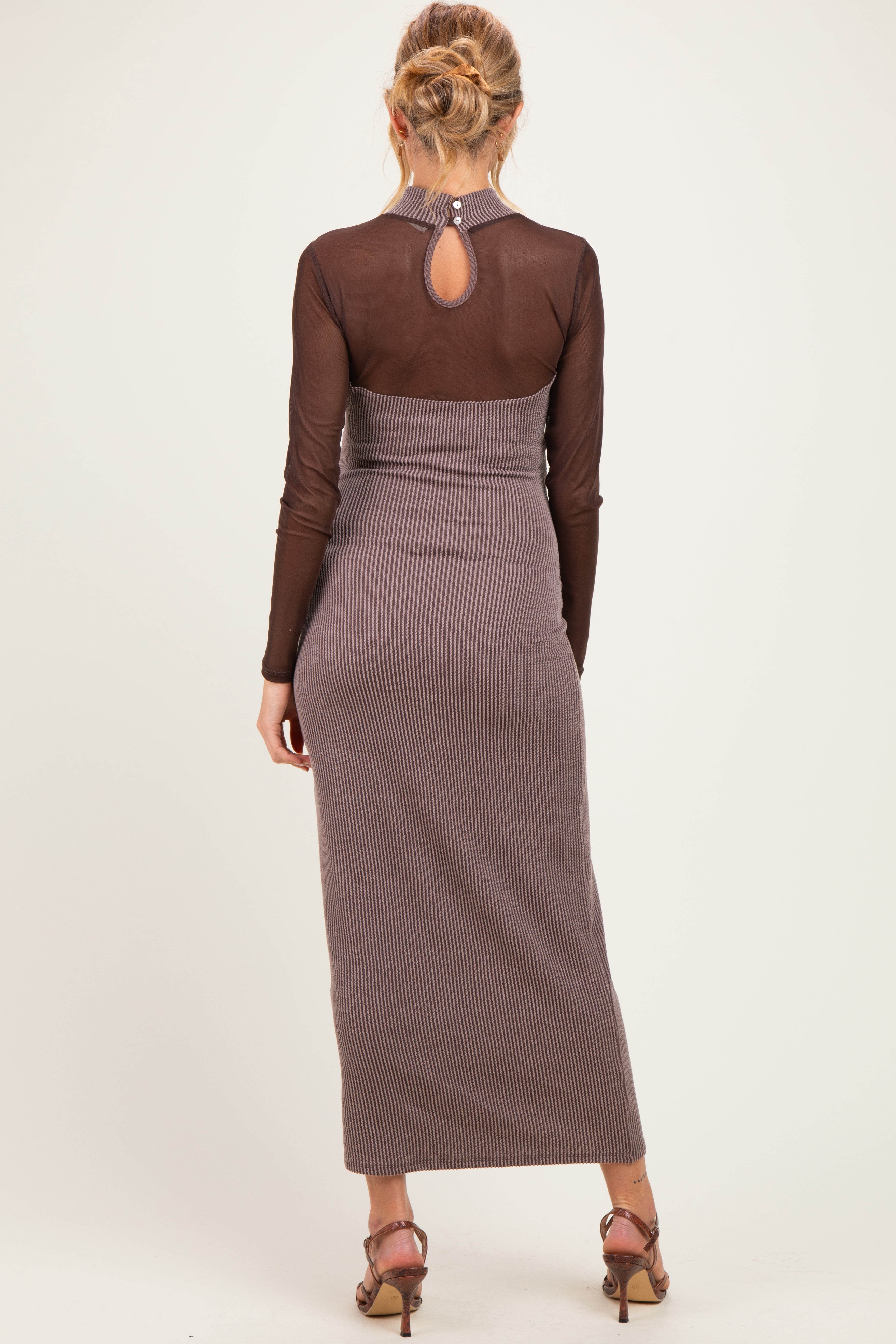 Brown Ribbed Knit Mock Neck Long Sleeve Maternity Maxi Dress