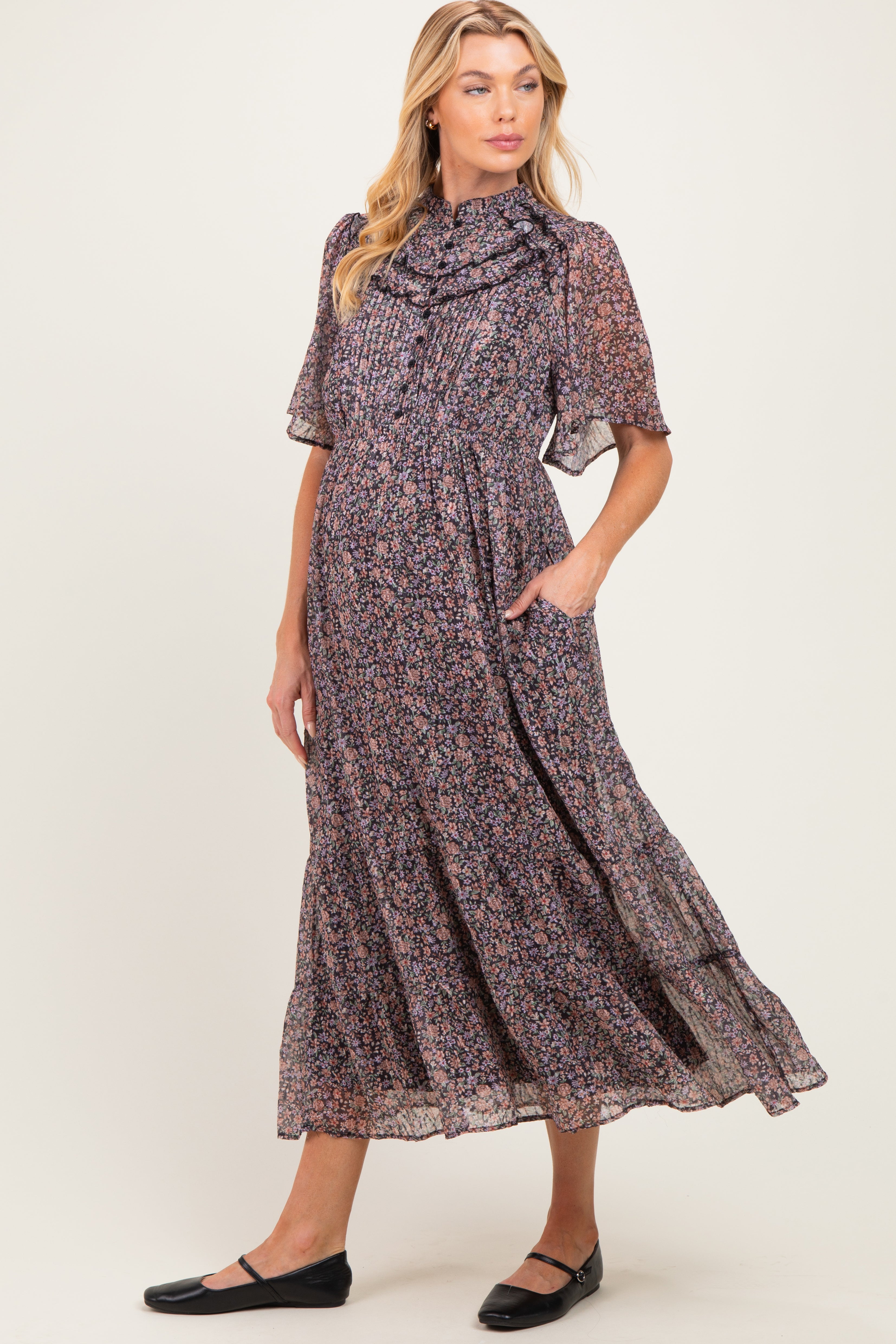 Midnight Ruffle Floral Print Maternity Maxi Dress