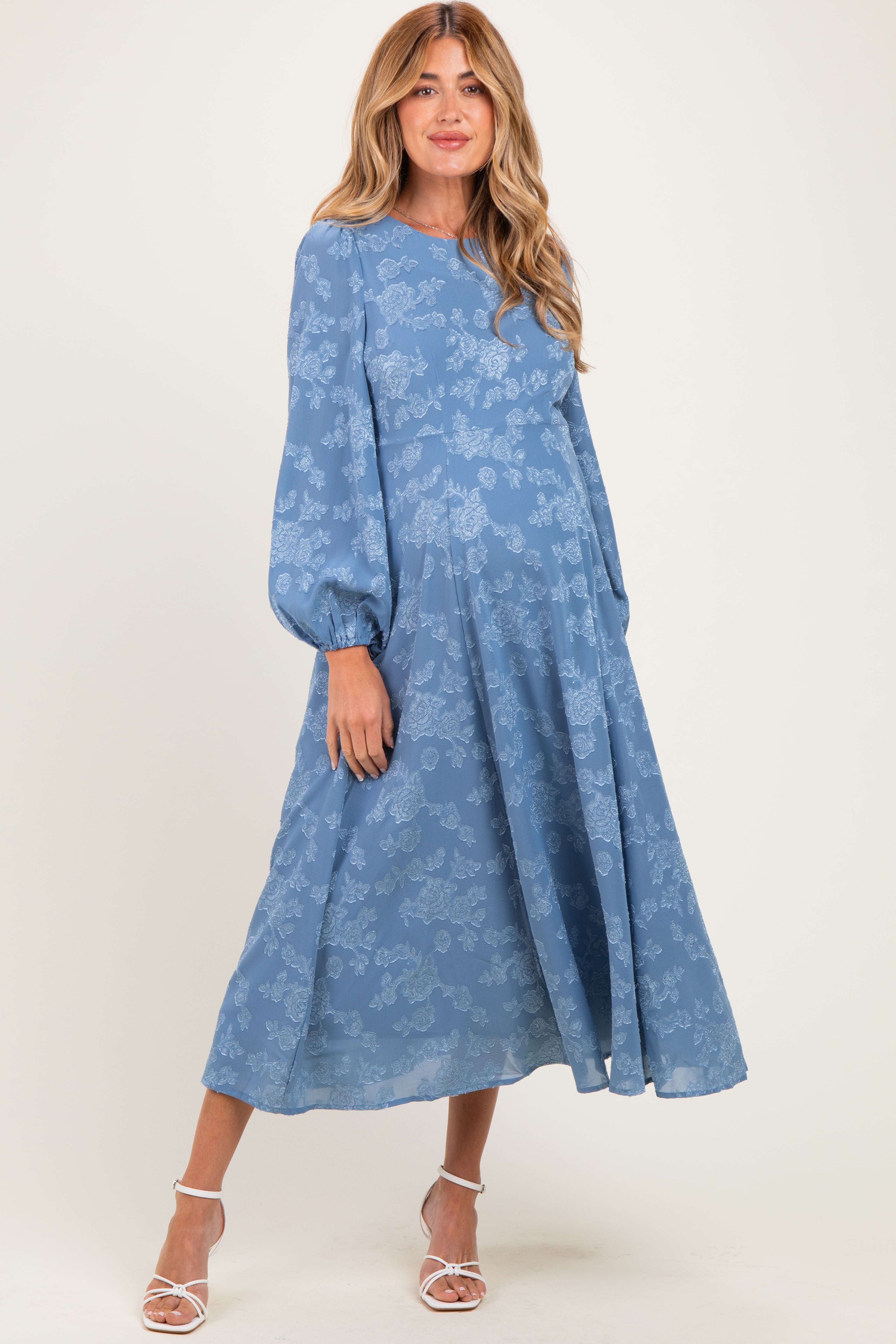 Blue Dusk Embossed Velvet Floral Maternity Maxi Dress