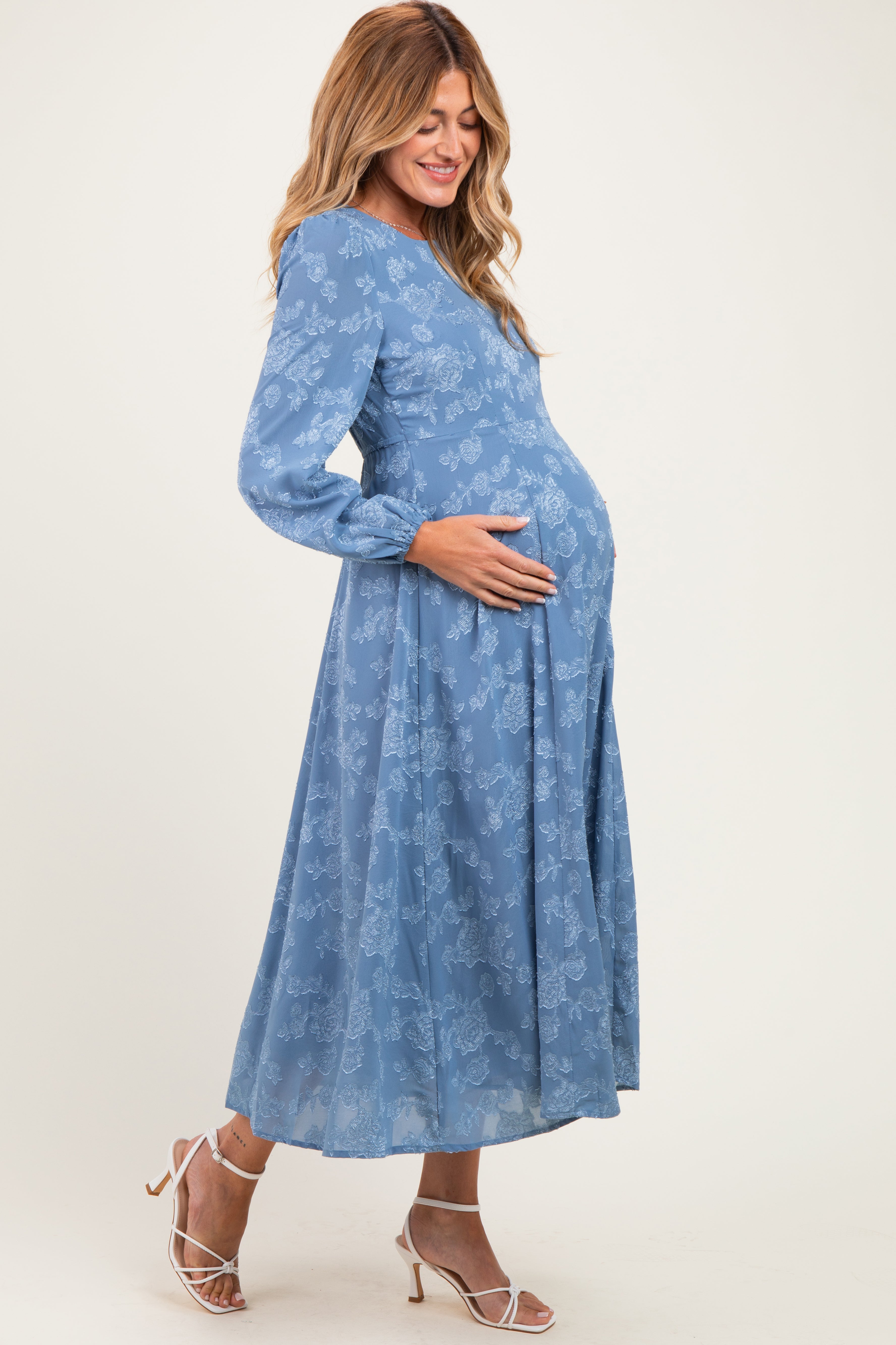 Blue Dusk Embossed Velvet Floral Maternity Maxi Dress